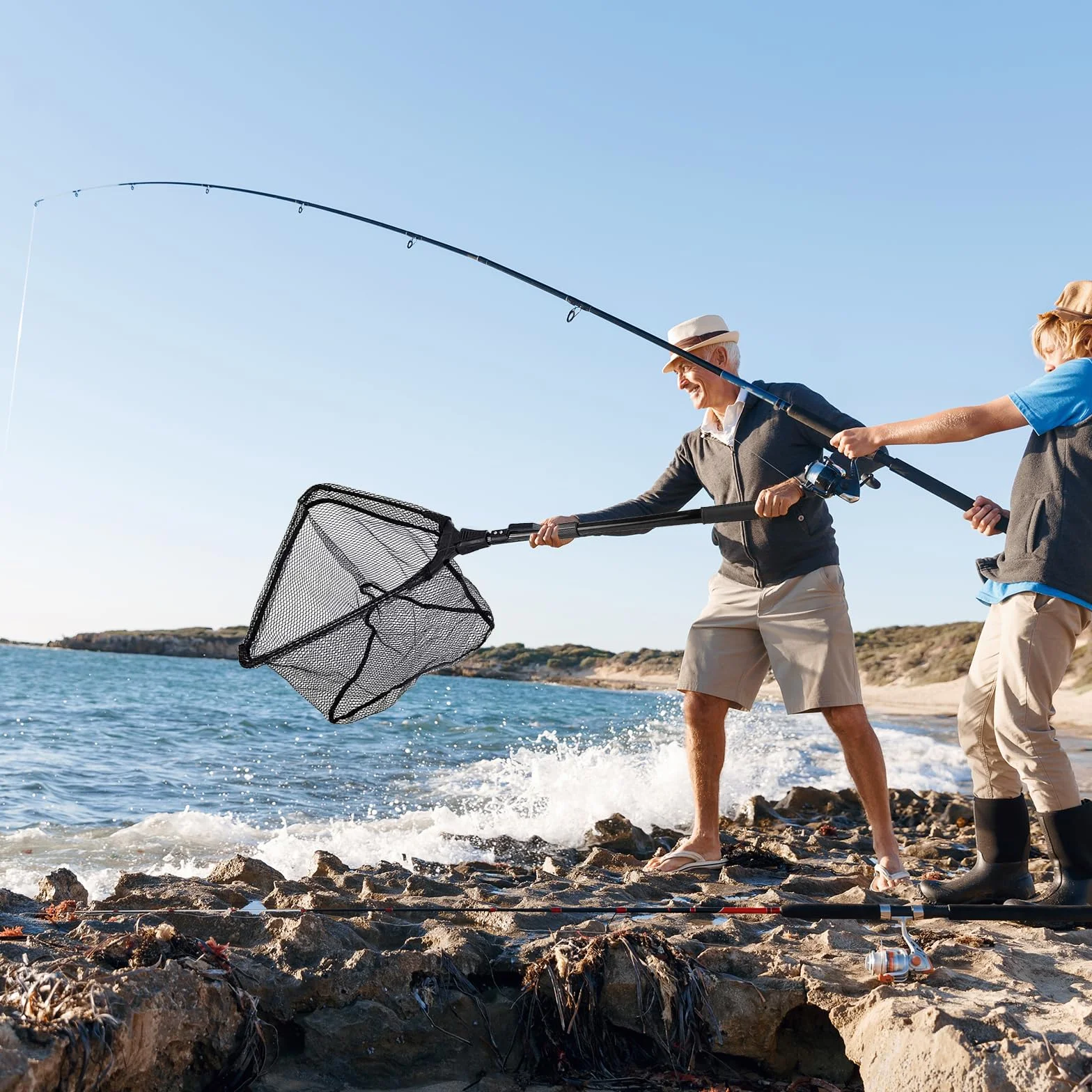 Réd De Pesca Telescópica, Red de Pésca Plegable Triangular, Sacaderas de Pesca con Mango Antideslizante Negro