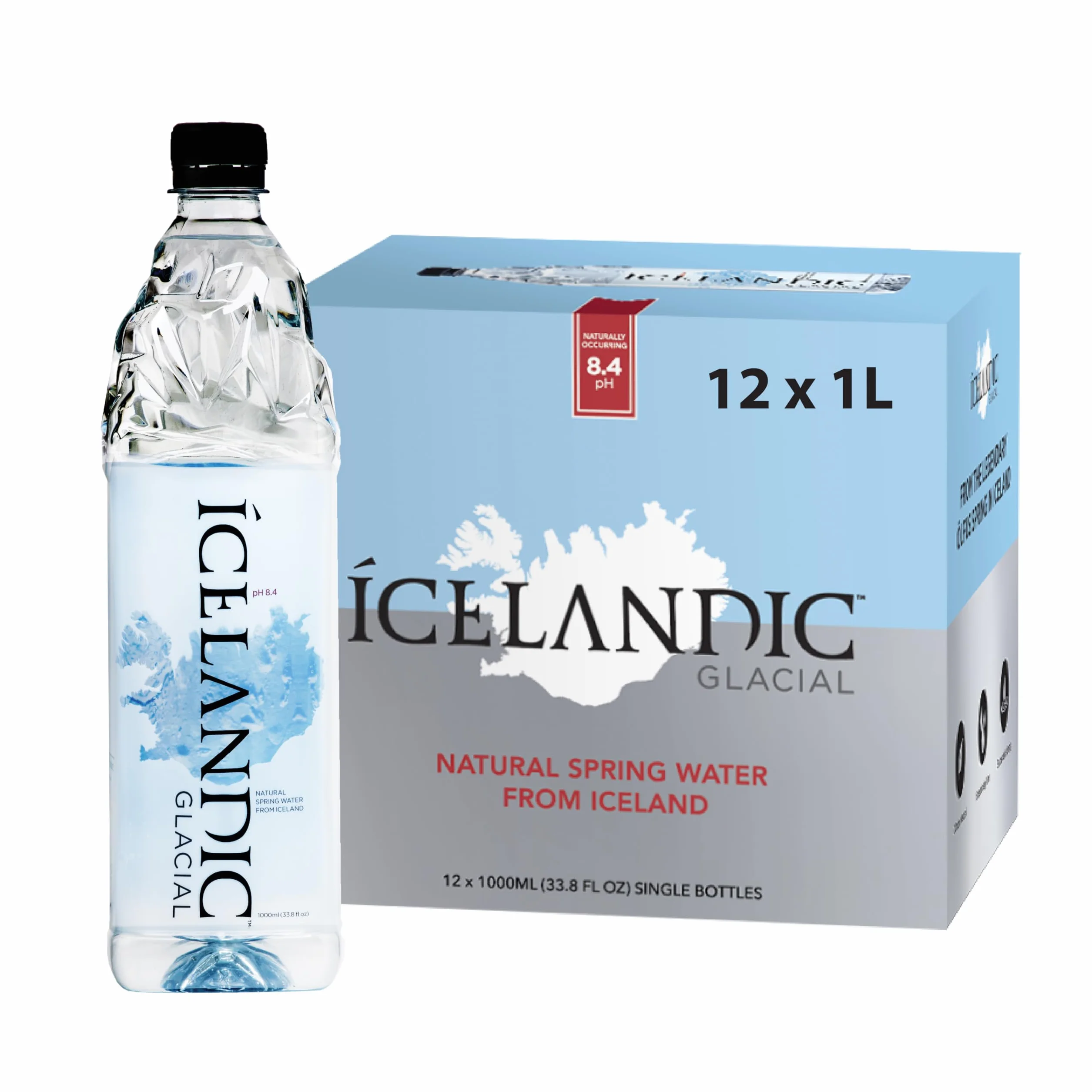 Icelandic Glacial Agua Premium Sin Gas 1L Botellas de PET Reciclado x 12 Por Paquete – Alcalina/Bajo pH, Empaque Reciclado, Sin BPA, Carbono Neutral desde el Manantial Islandés. Bajo Contenido de TDS.