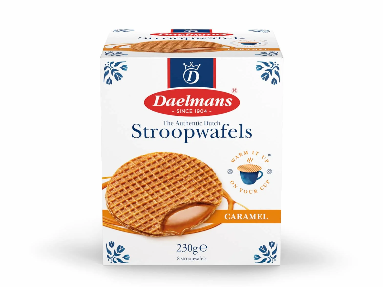 Daelmans Stroopwafels Caja Cubo, 8 Gofres de Caramelo Holandeses, Diámetro 8 cm (230 g), Snack Clásico para Café
