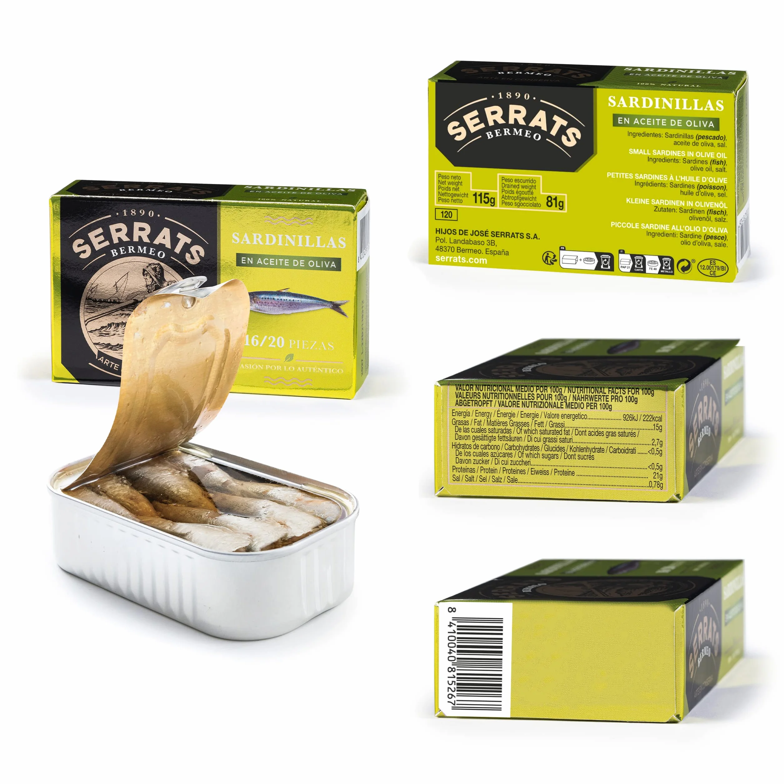 Conservas Serrats - Sardinillas en Aceite de Oliva - 16/20 sardinillas por lata (115g)