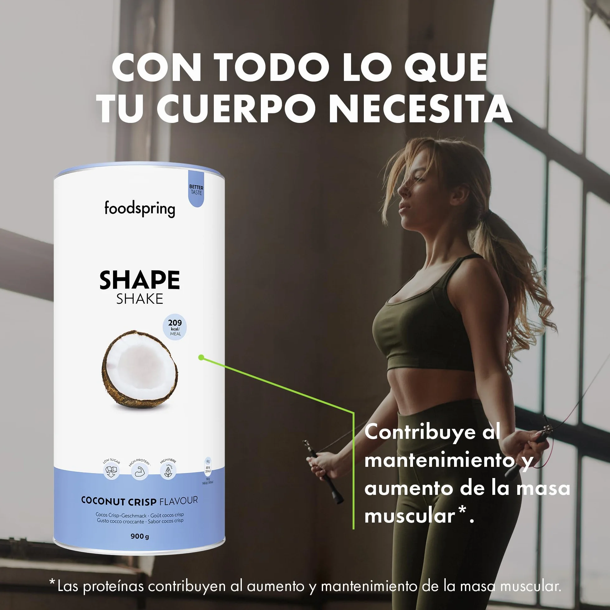 foodspring Shape Shake Cocos Crisp - batido completo, sustitutivo de comida con proteína premium para controlar el peso, 209 kcal por ración, sin gluten - 900g