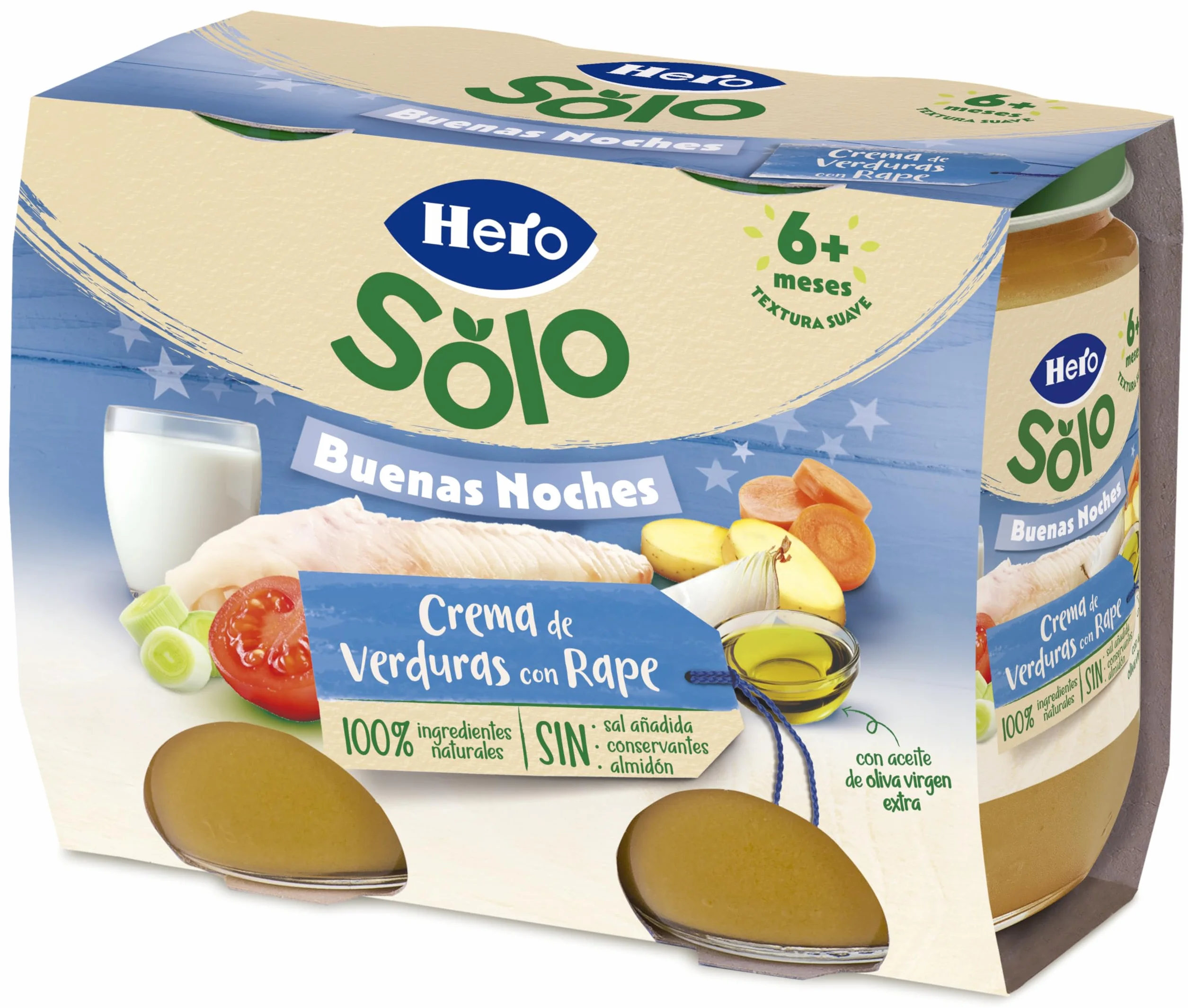 Hero Baby - Tarritos Infantiles, Buenas Noches Tarritos de Crema de Verduras con Rape, Alimento Infantil para Bebés a Partir de los 8 Meses - 190 g (Paquete de 12)