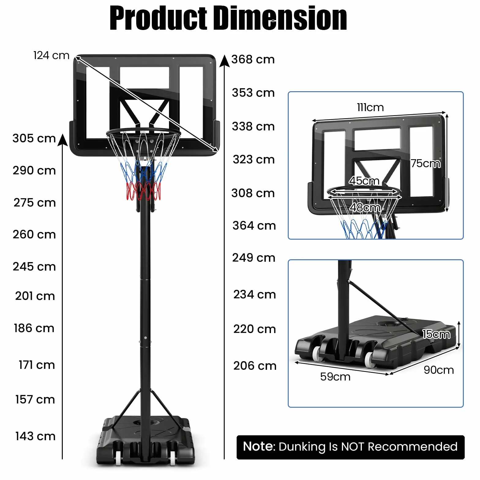 Canasta de Baloncesto Ajustable 143-305 cm con Ruedas y Base Rellenable