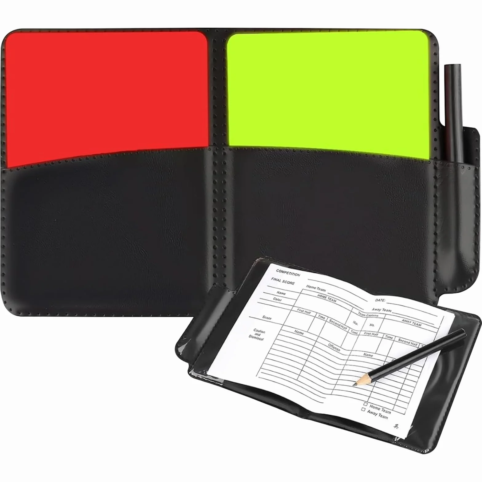Juego de cartas de árbitro deportivo con tarjeta roja amarilla y bolsa para fútbol