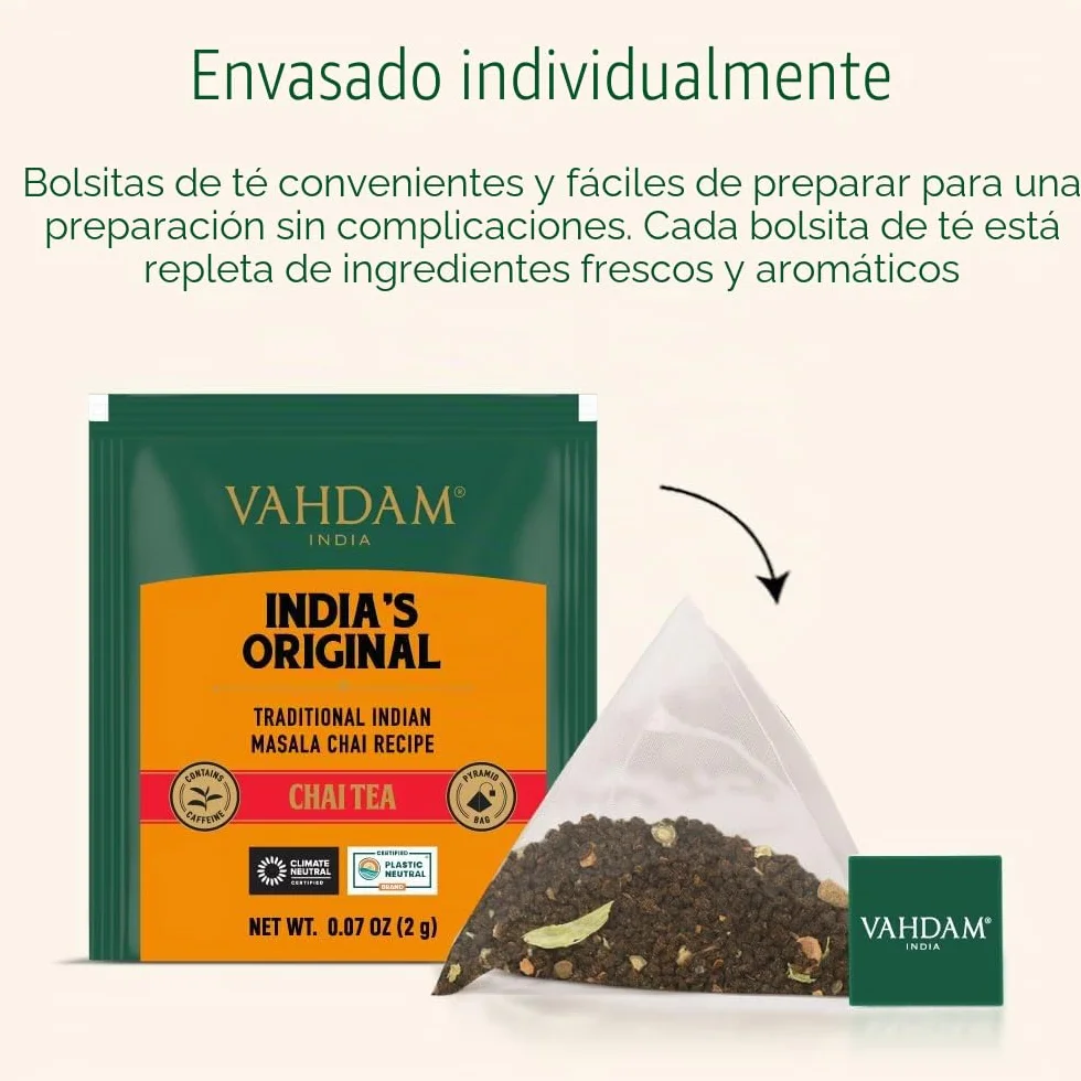 VAHDAM, Original Masala Chai Té (30 Piramidales Bolsitas De Té) Masala Chai | Bolsa De Con Especias Chai | 100% Pura Y Natural | Caliente, Frío O Como Kombucha