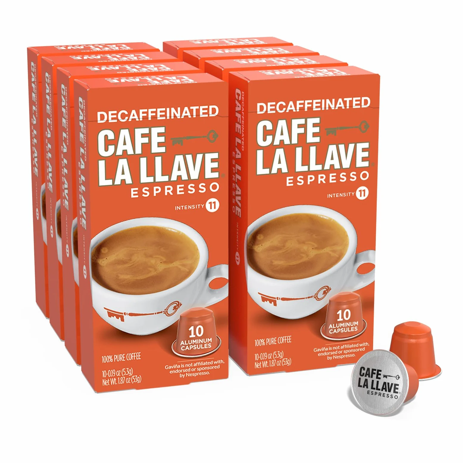 Cafe La Llave Cápsulas de café espresso descafeinado, 80 cápsulas reciclables de aluminio, intensidad 11, compatibles con máquinas originales Nespresso