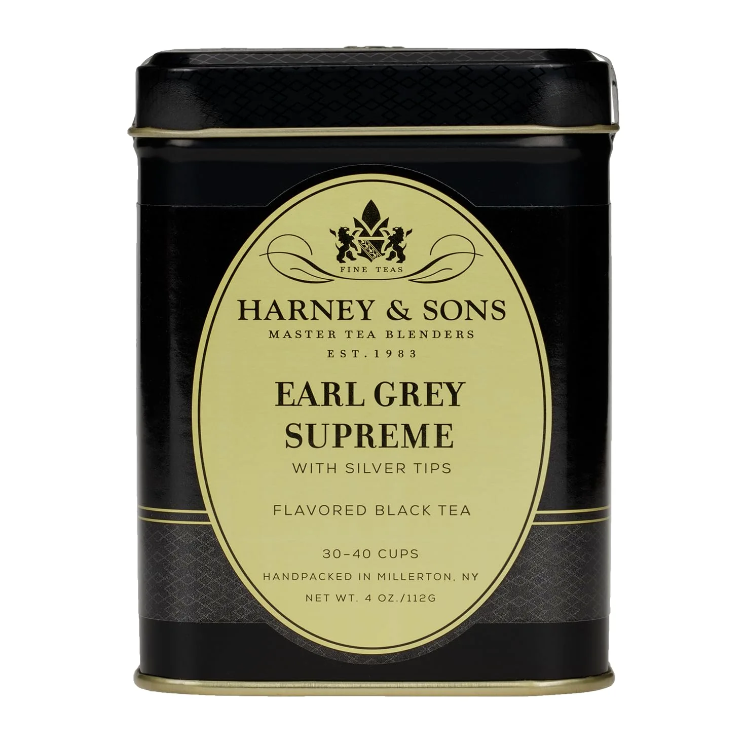Earl Grey Supreme Tea, Loose Tea in 4 Ounce Tin by Harney & Sons | Té negro con puntas de plata de Ceilán y aceite de bergamota natural. Contiene cafeína.
