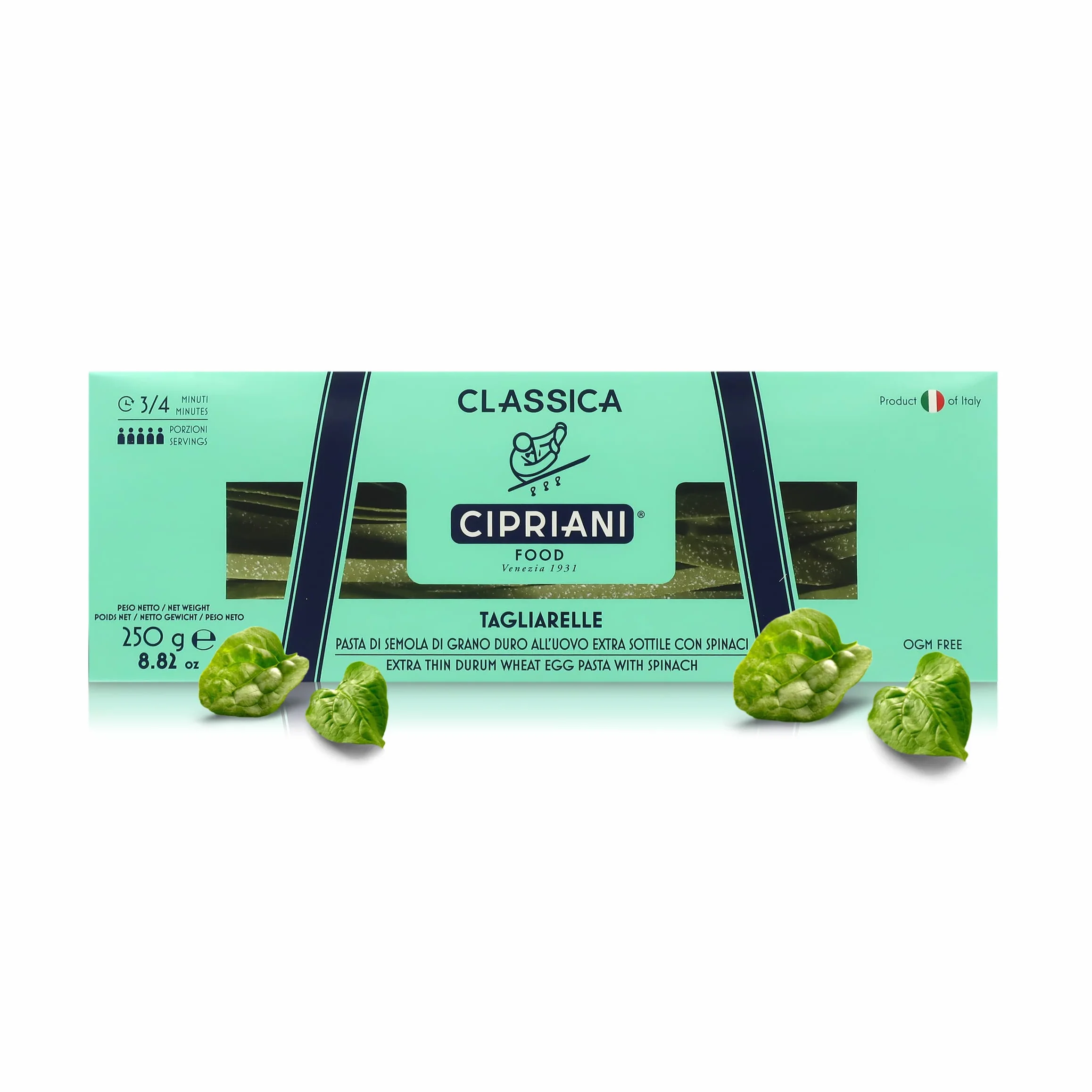 Cipriani Tagliarelle con Espinaca, Pasta Italiana Extra Fina de Trigo Duro al Huevo, Pasta Tipo Tagliatelle con Espinacas y Huevos Frescos, Secado Lento, 250 Gramos