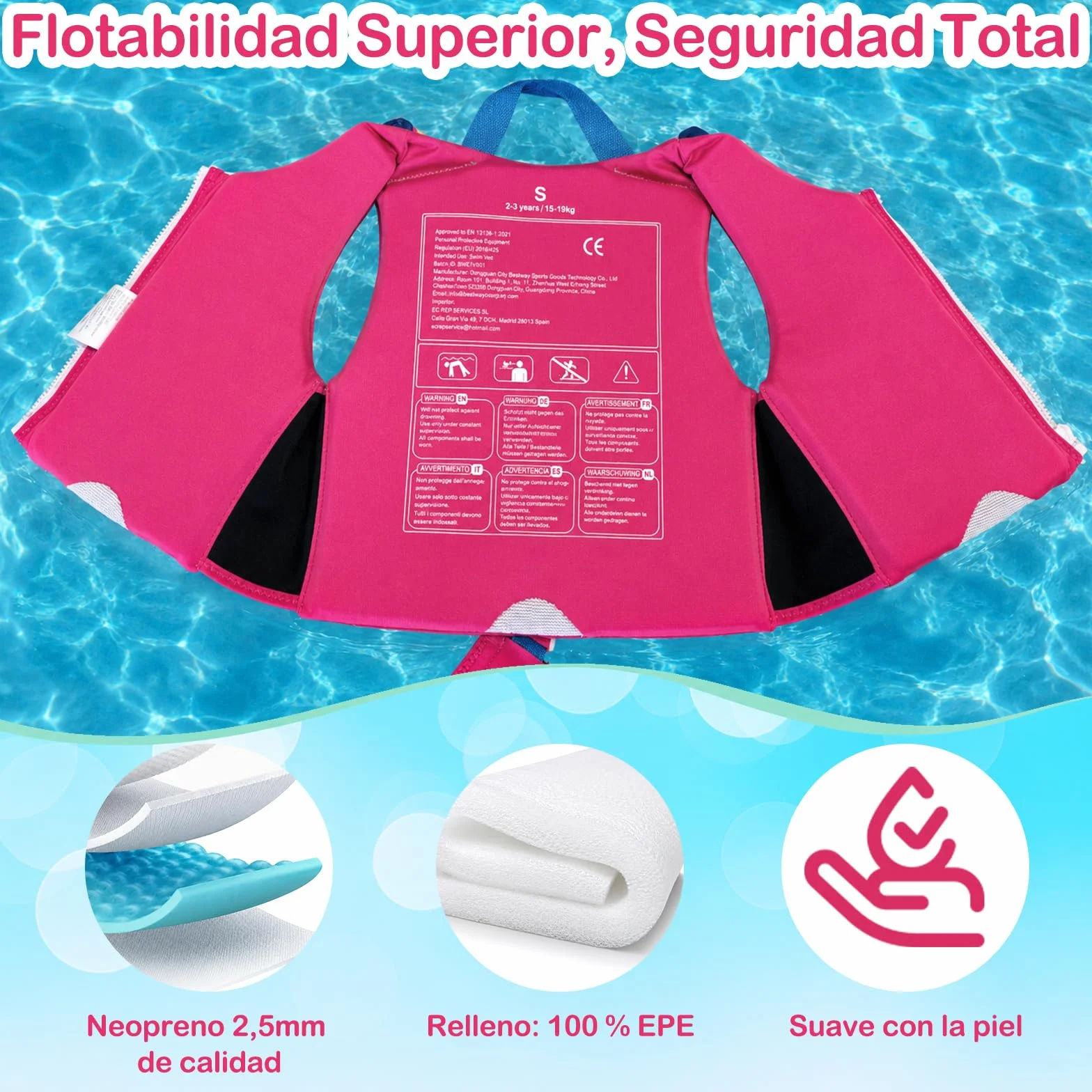 Chaleco de Natación para Niños, Neopreno Premium, Tirantes Dobles Ajustables, Correa de Entrepierna Ancha, Probado por TÜV