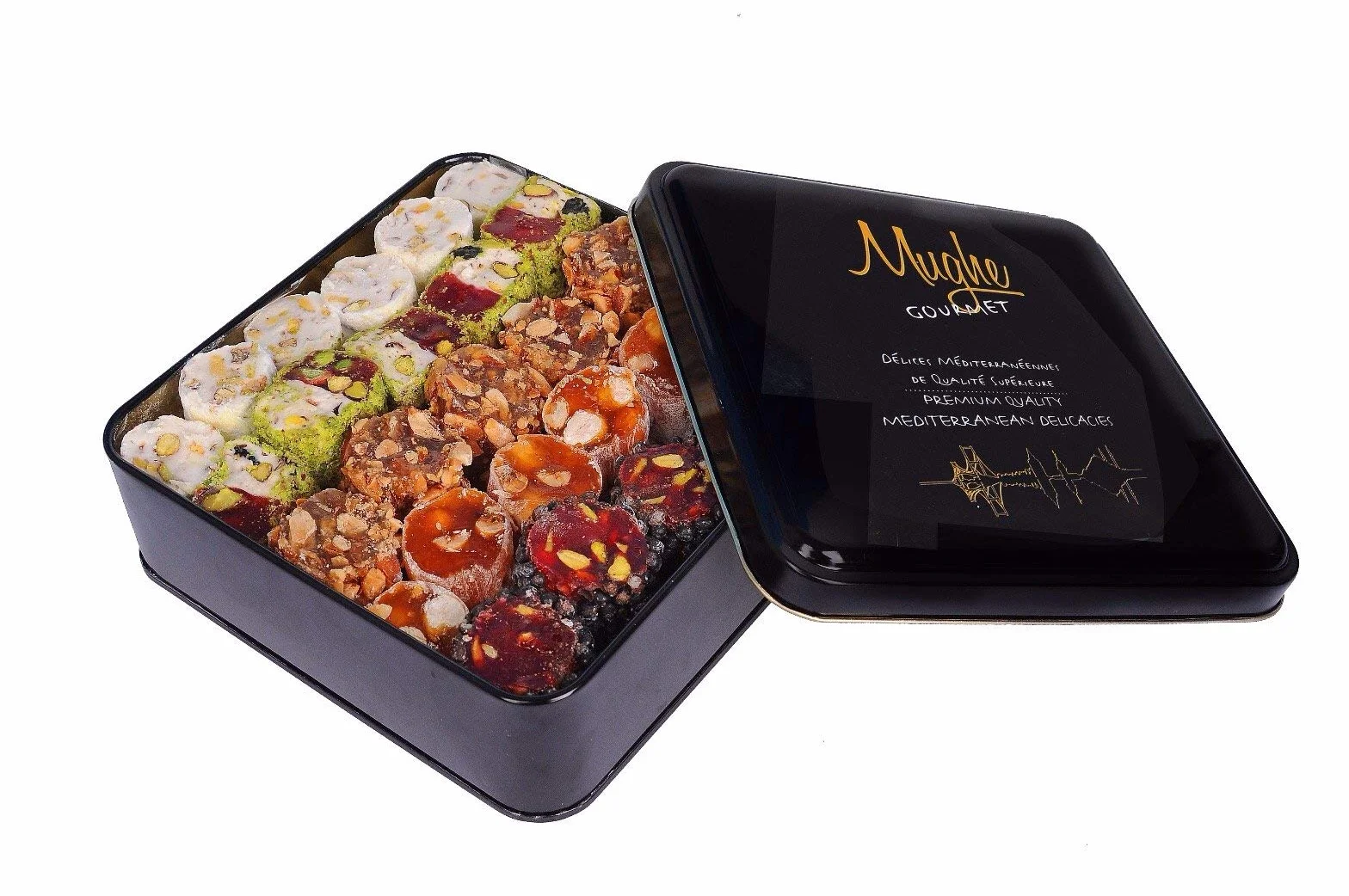 Mughe Gourmet- Caja de regalo de delicias turcas gourmet surtidas - Delicia turca de Pistacho, naranja, avellana y almendra - 1000gr - Halal y Vegetariano - Regalos perfectos para cumpleaños y más