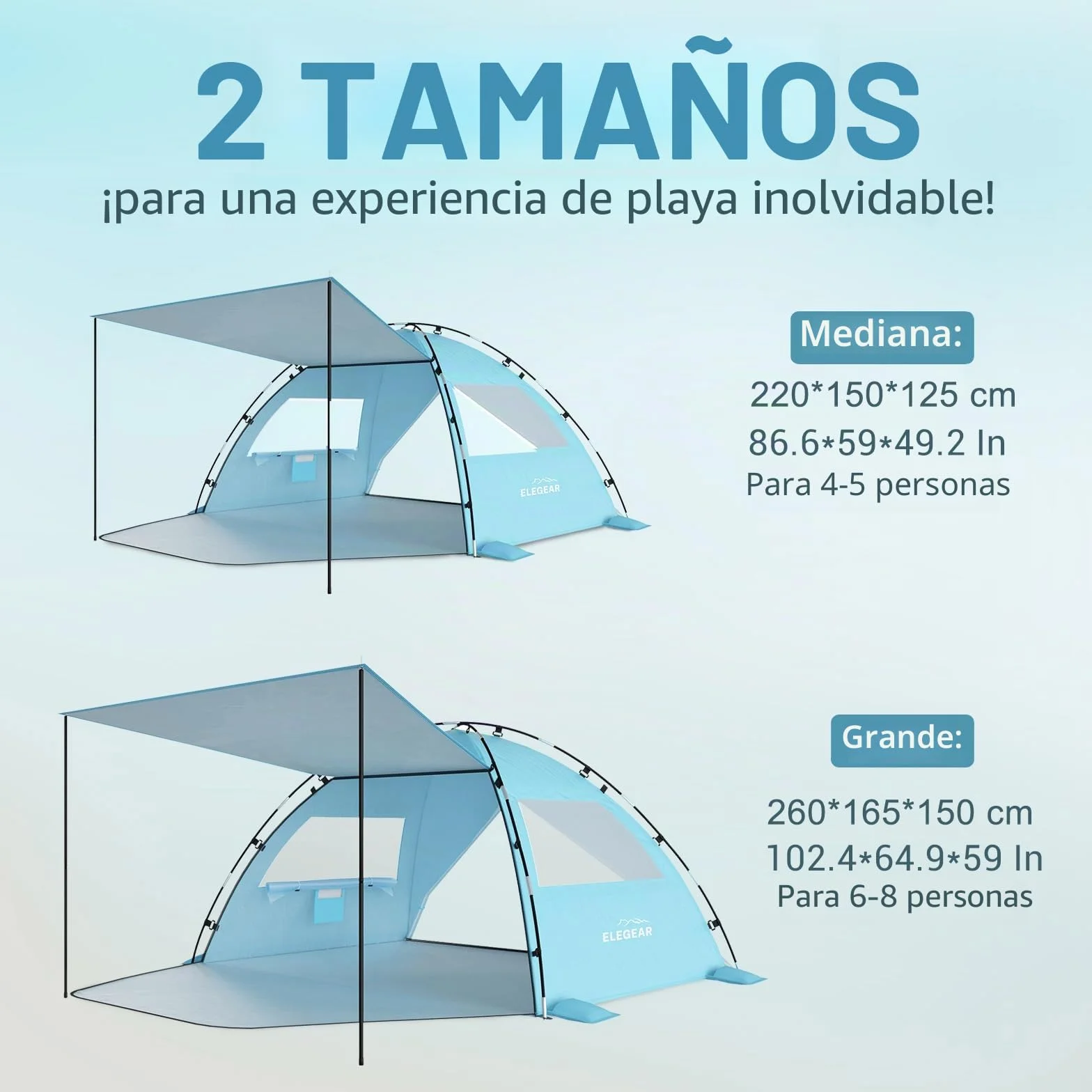 Elegear Tienda de Playa 6-8 Personas Protección UV UPF 50+ Portátil 260x165x150cm Azul