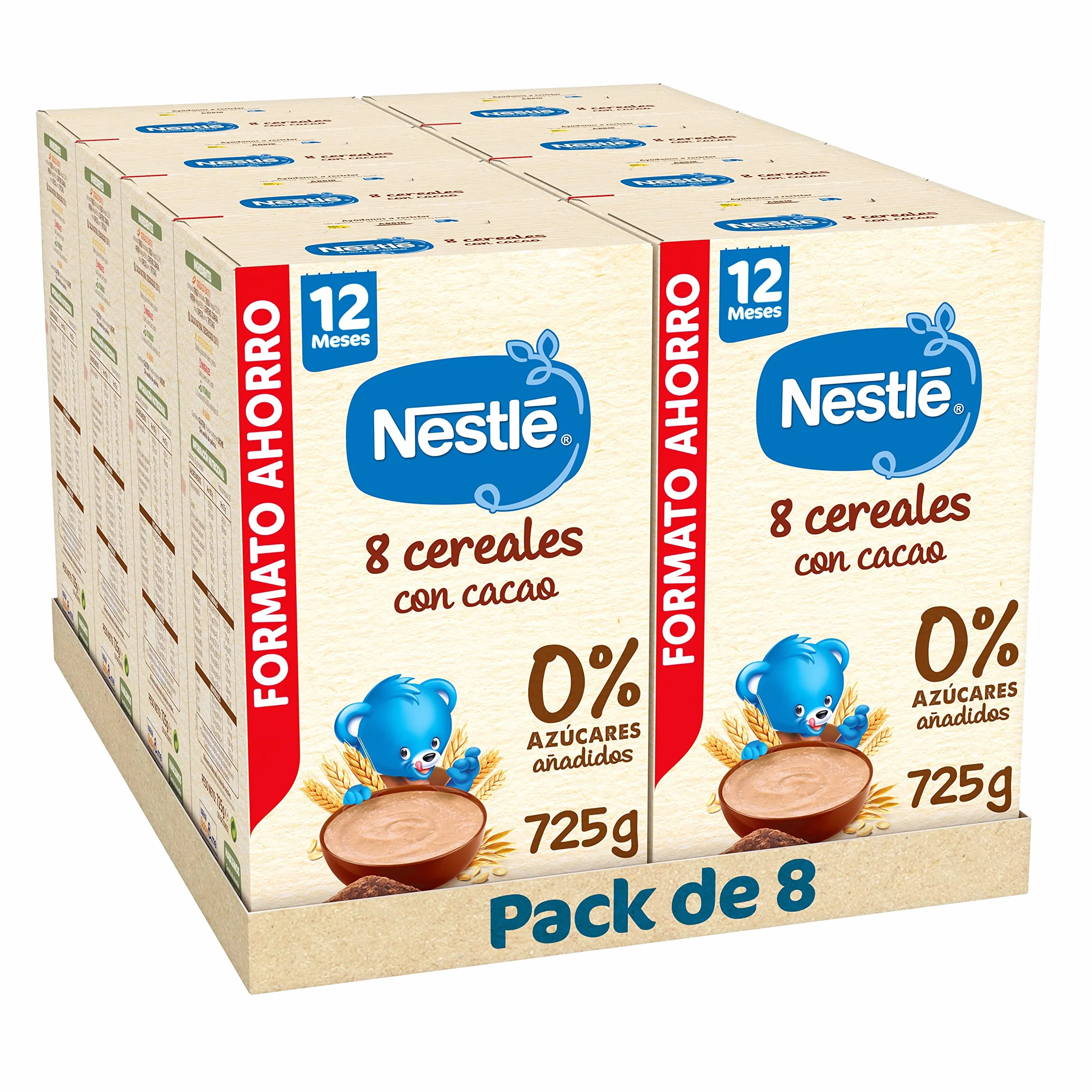 Nestlé Papilla 8 Cereales con Cacao sin Azúcares Añadidos 12 Meses 8x725g