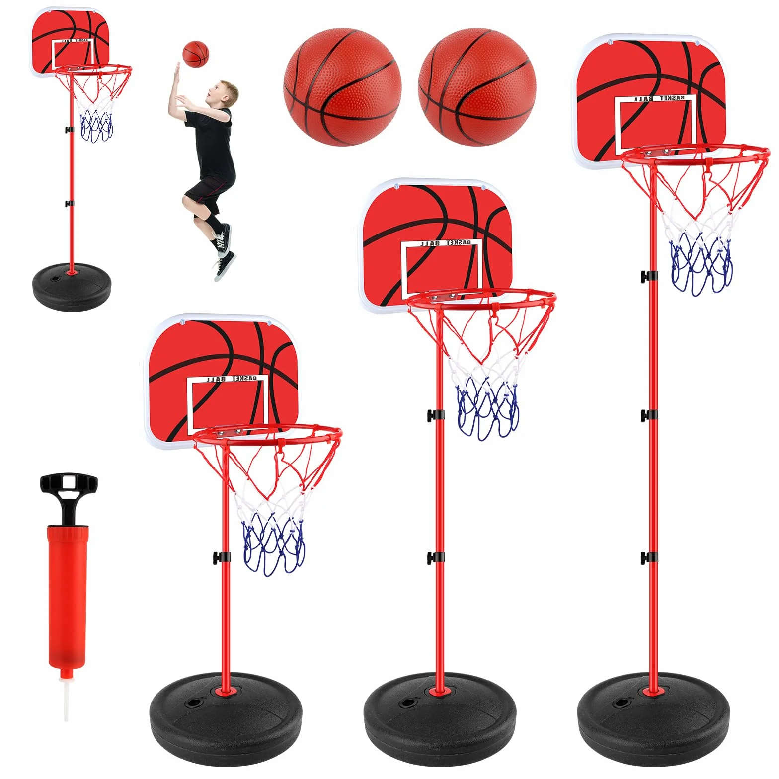 Canasta Baloncesto Infantil Aro Basket Niños Base Exterior Altura Regulable 60-150cm Kit 2 Pelotas Bomba