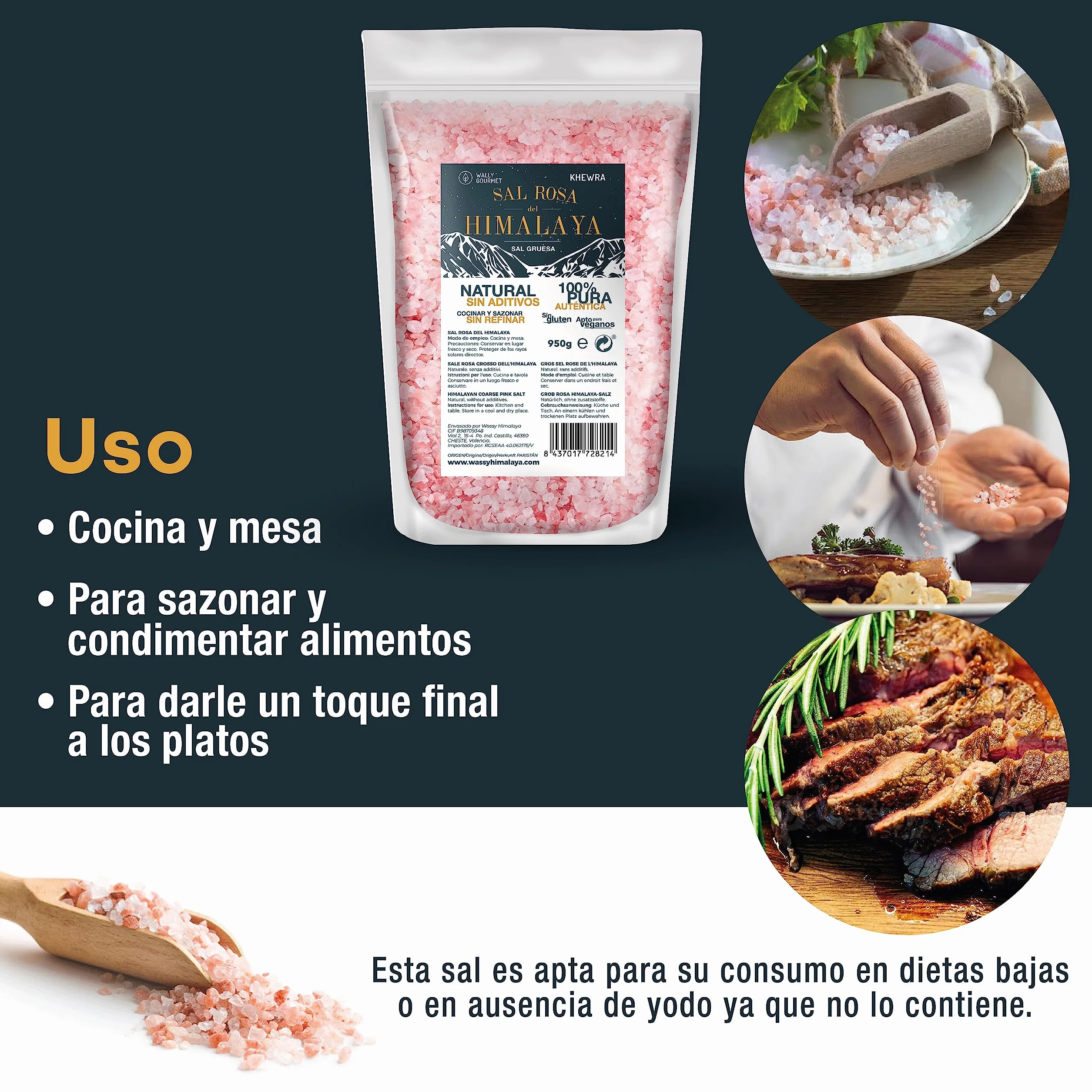 WALLY GOURMET Sal Rosa Del Himalaya Gruesa. 100% Natural, Sin Aditivos, Sin Refinado. Mayor Contenido En Oligoelementos. Para Sazonar Y Condimentar. Origen: Pakistán (950gr.)