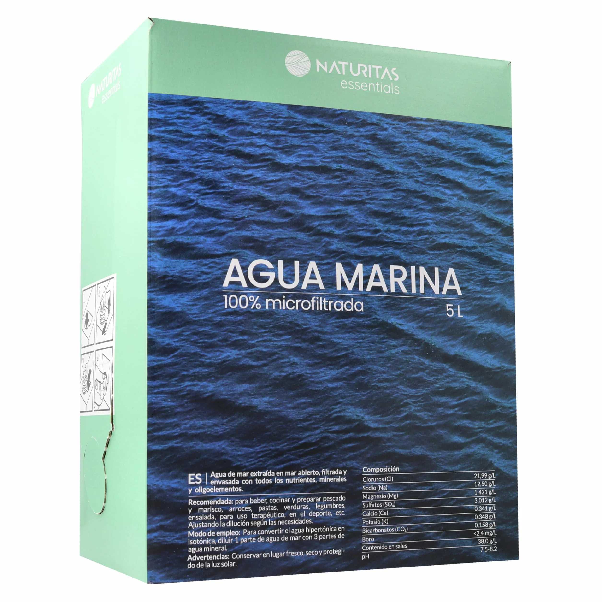 Agua marina | 5 L Bag in Box | Naturitas Essentials | 100% Pura, Microfiltrada en Frío, Ideal para Beber, Cocinar y Preparar Agua Isotónica
