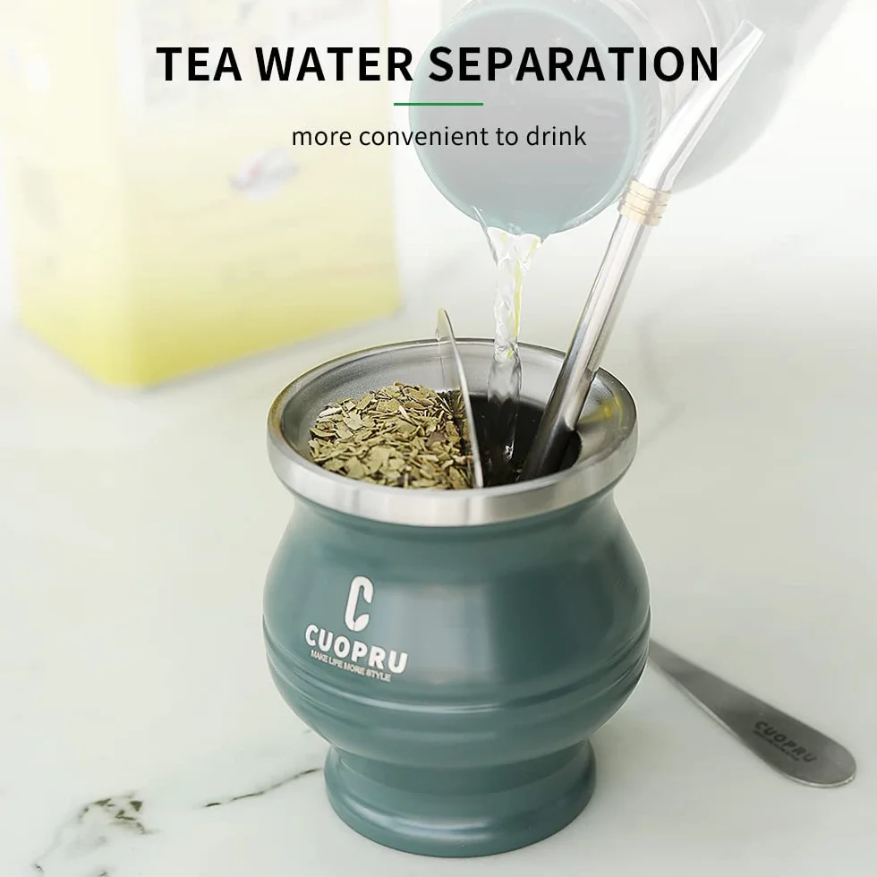 Cuopru Juego de taza y juego de yerba mate de acero inoxidable, 6.7 onzas, verde militar, diseño moderno