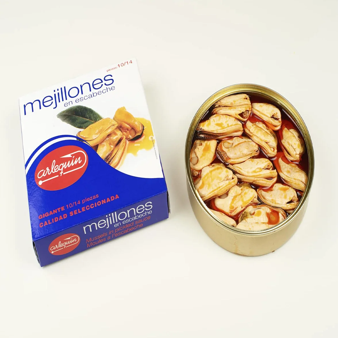 ARLEQUIN Mejillón en Escabeche, Tamaño Gigante, Pack de 4 Latas de 280 grs. y 10/14 Unds (1120 grs y 40/56 Unds)