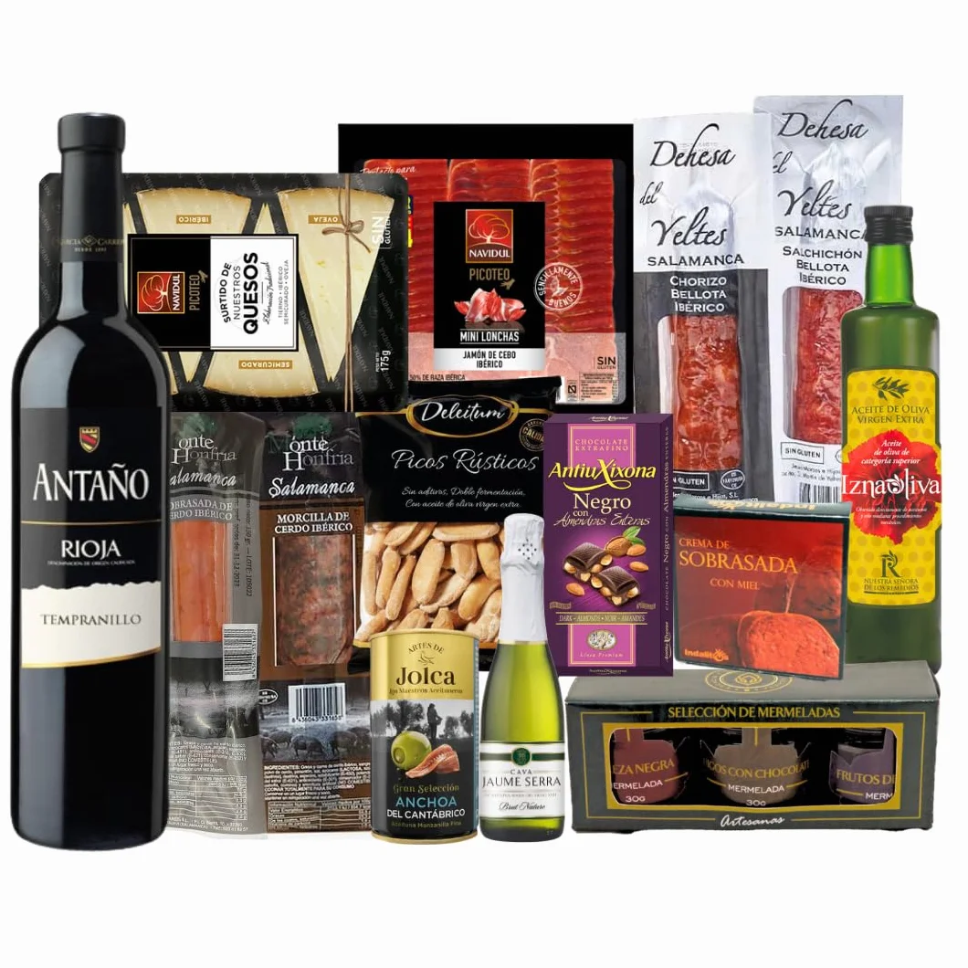Cesta Gourmet con Ibéricos, Bombones, Chocolate, Vino, Embutidos, Aceite de Oliva Virgen - Regalo Original para Empresa y Particulares