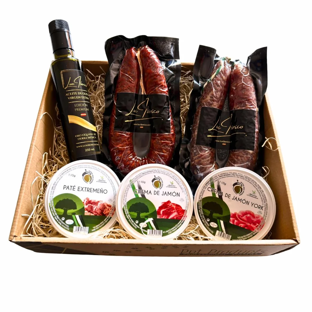 Cesta Regalo Galileo - Embutidos, Patés Extremeños y Aceite de Oliva | Chorizo y salchichón ibérico, tres patés extremeños y aceite de oliva virgen extra. Aperitivo variado listo para regalar.