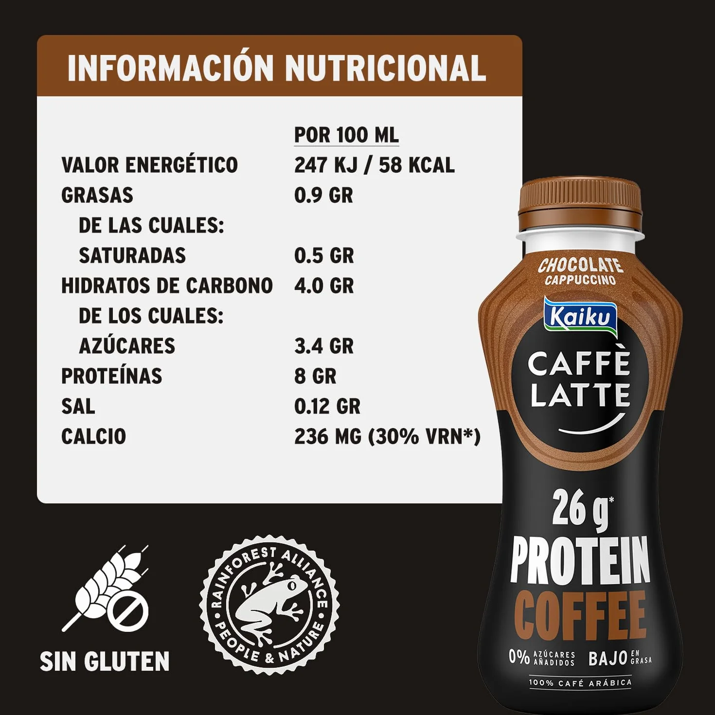 KAIKU CAFFÈ LATTE - Protein Coffee Chocolate Cappuccino 330 ml, Café Frío, Listo para Tomar, 26 g de Proteína por Ración, Café Arábiga, sin Azúcares Añadidos, Bajo en Grasa, sin Gluten y con Lactosa