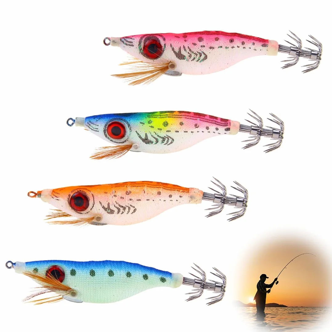 Señuelos de Pesca Artificial Calamar 4 Piezas Kit Cebo Duro Hundimiento Profundo