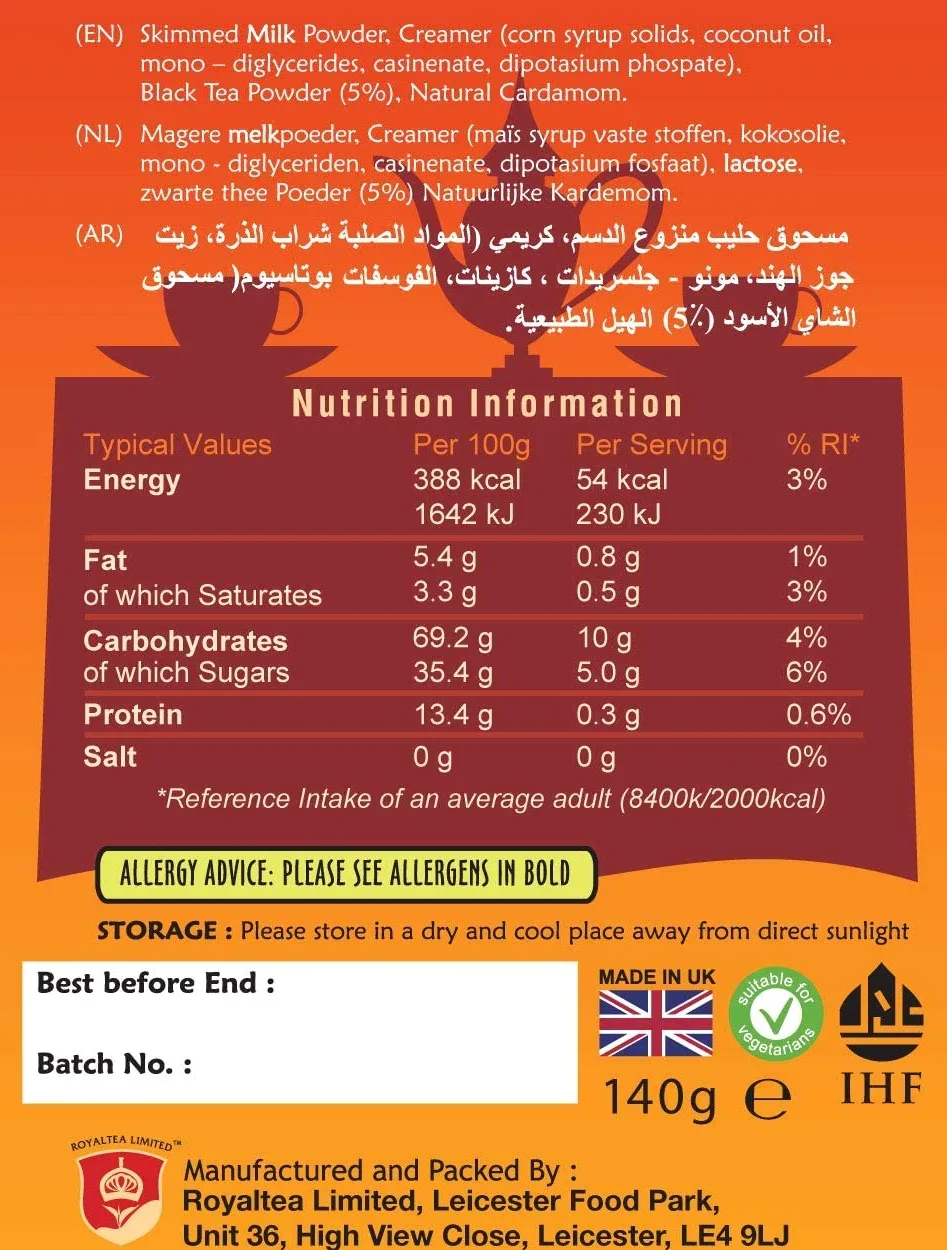 Royal Chai Premium Instant Karak - Té indio endulzado, natural, 200 g (paquete de 4)