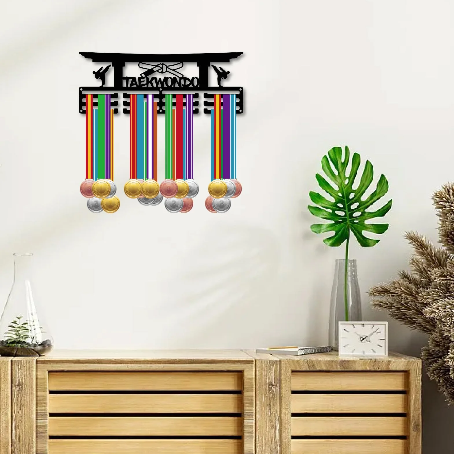 CREATCABIN Taekwondo Medal Holder Wall Mounted Display 3 Lines Black 29x13cm