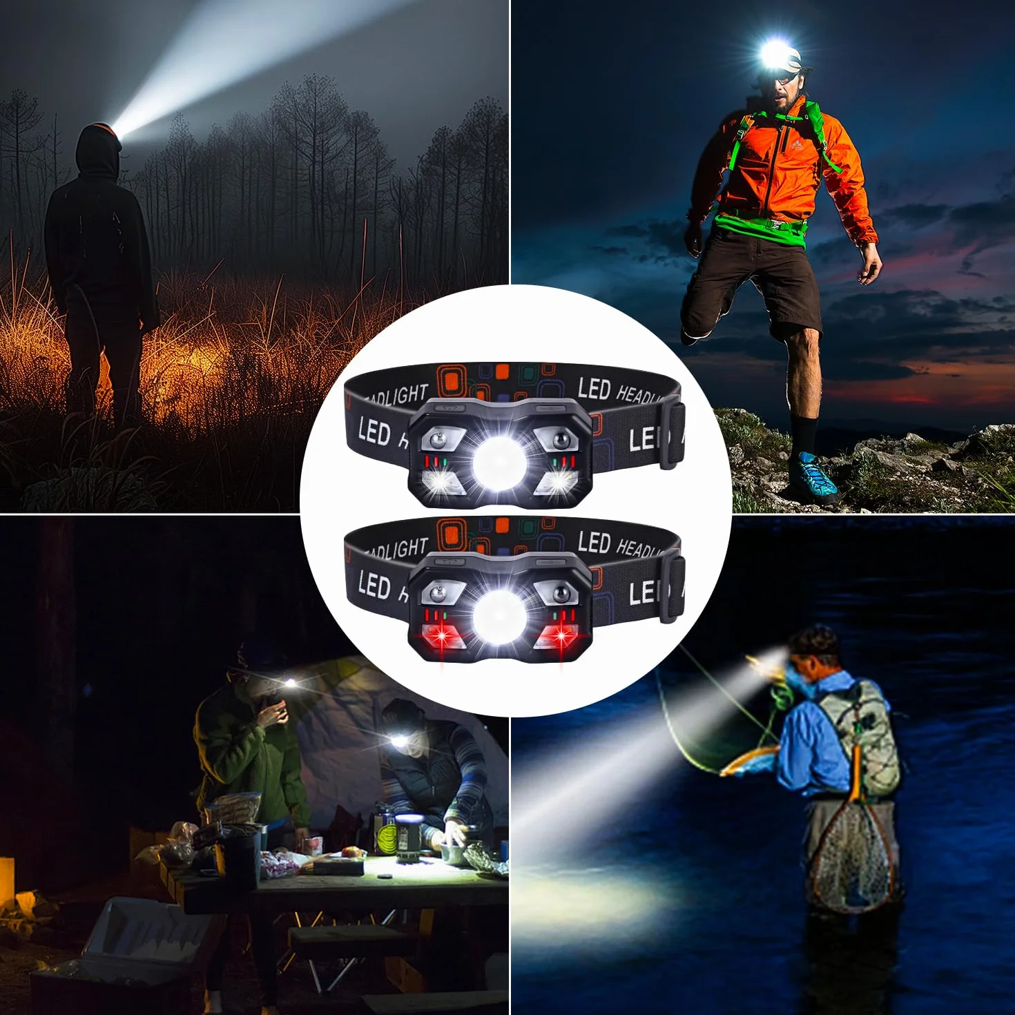 Linterna Frontal LED Recargable 2 Pack, Superbrillantes con Sensor de Movimiento, Luz Cabeza para Correr Camping