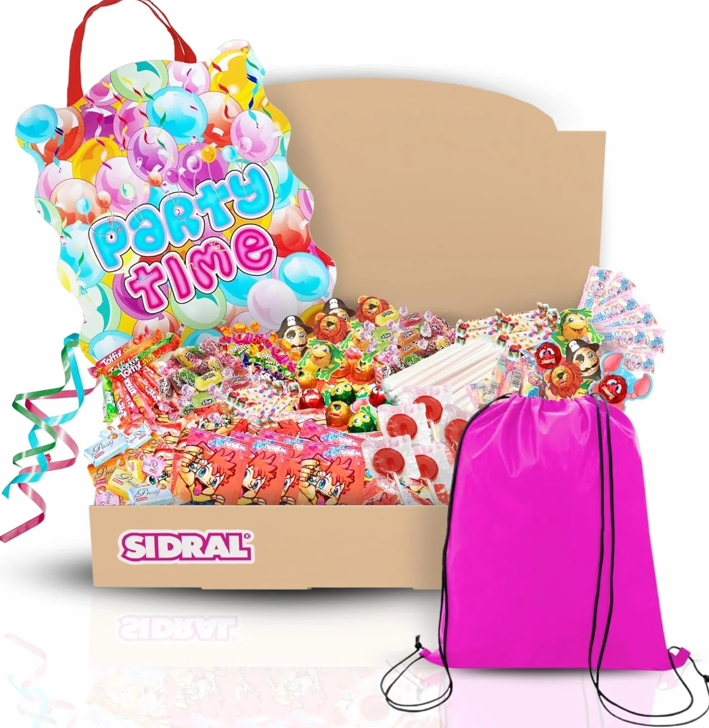 SIDRAL .275 chuches variadas+piñata+mochila para llevar chuches :Cañas y sobres Sidral, chocolate, gominolas, caramelos blandos rellenos gel de frutas - Perfectas para Regalar.
