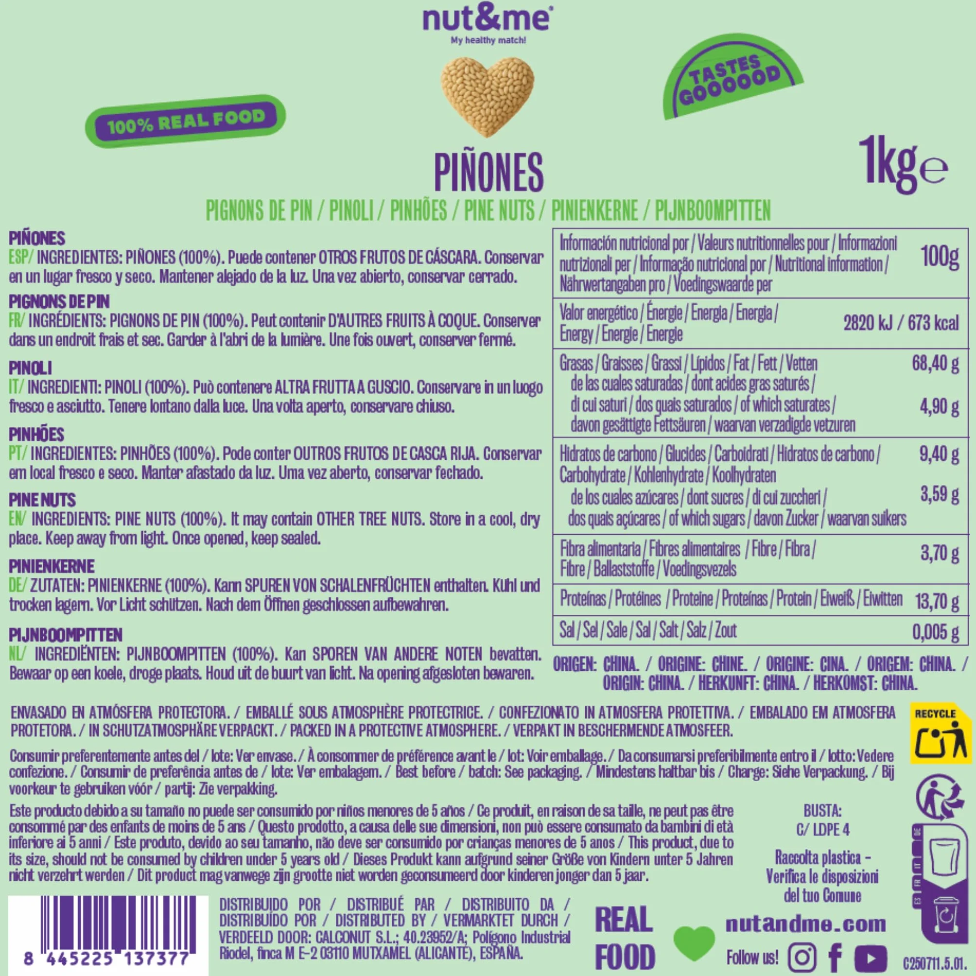 Piñones naturales 1 kg nut&me | Piñón de pino | Sin cáscara | Ideal para pesto | 100% naturales | Sabrosos
