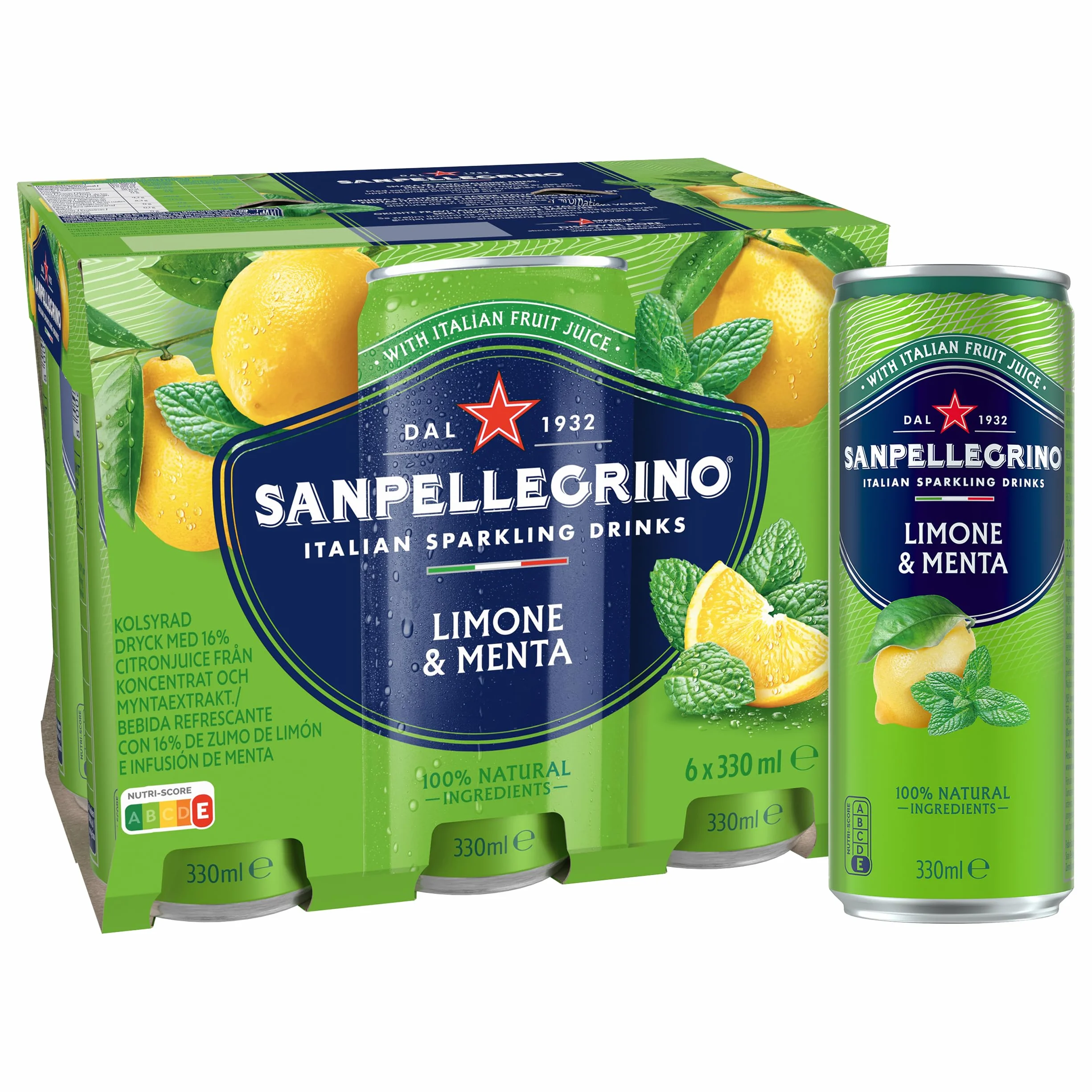 San Pellegrino Refresco Naturali Limón y Menta, Pack 6 Latas de 33cl