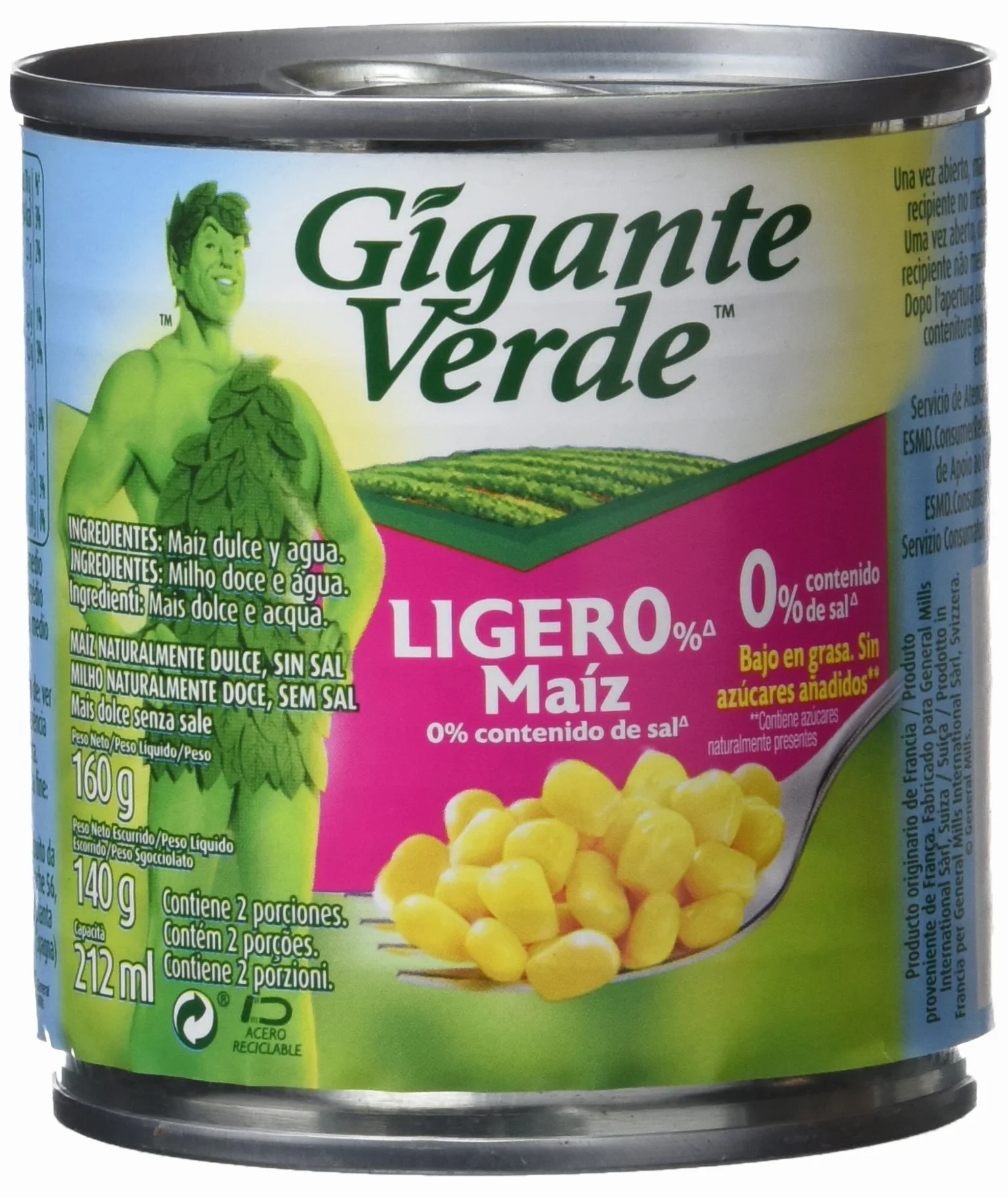 Gigante verde bipack lata de maíz dulce ligero% (0% sal) 2x160g