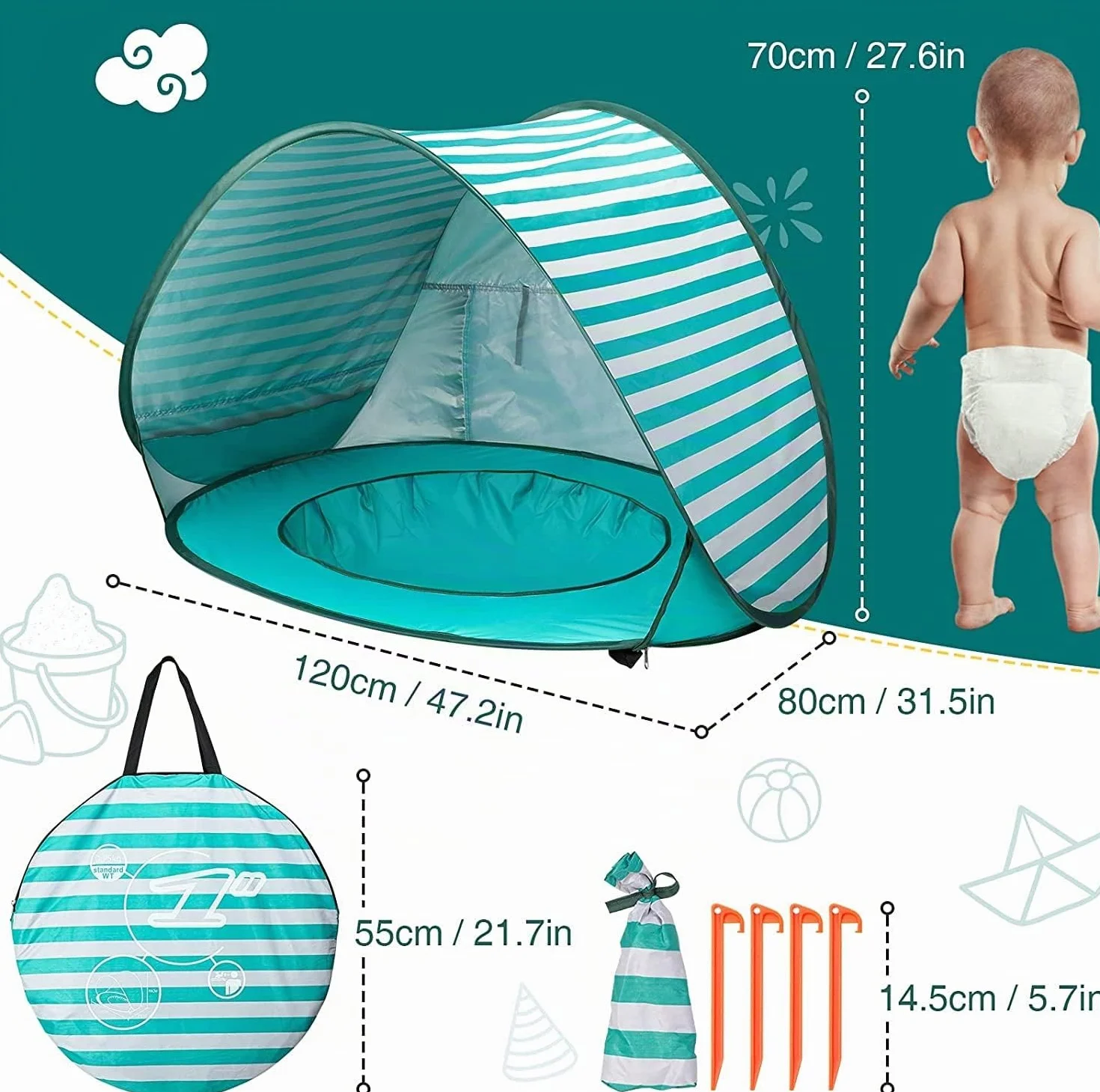 Tienda de campaña para bebé con mini piscina, protección UV, para playa y jardín (verde)