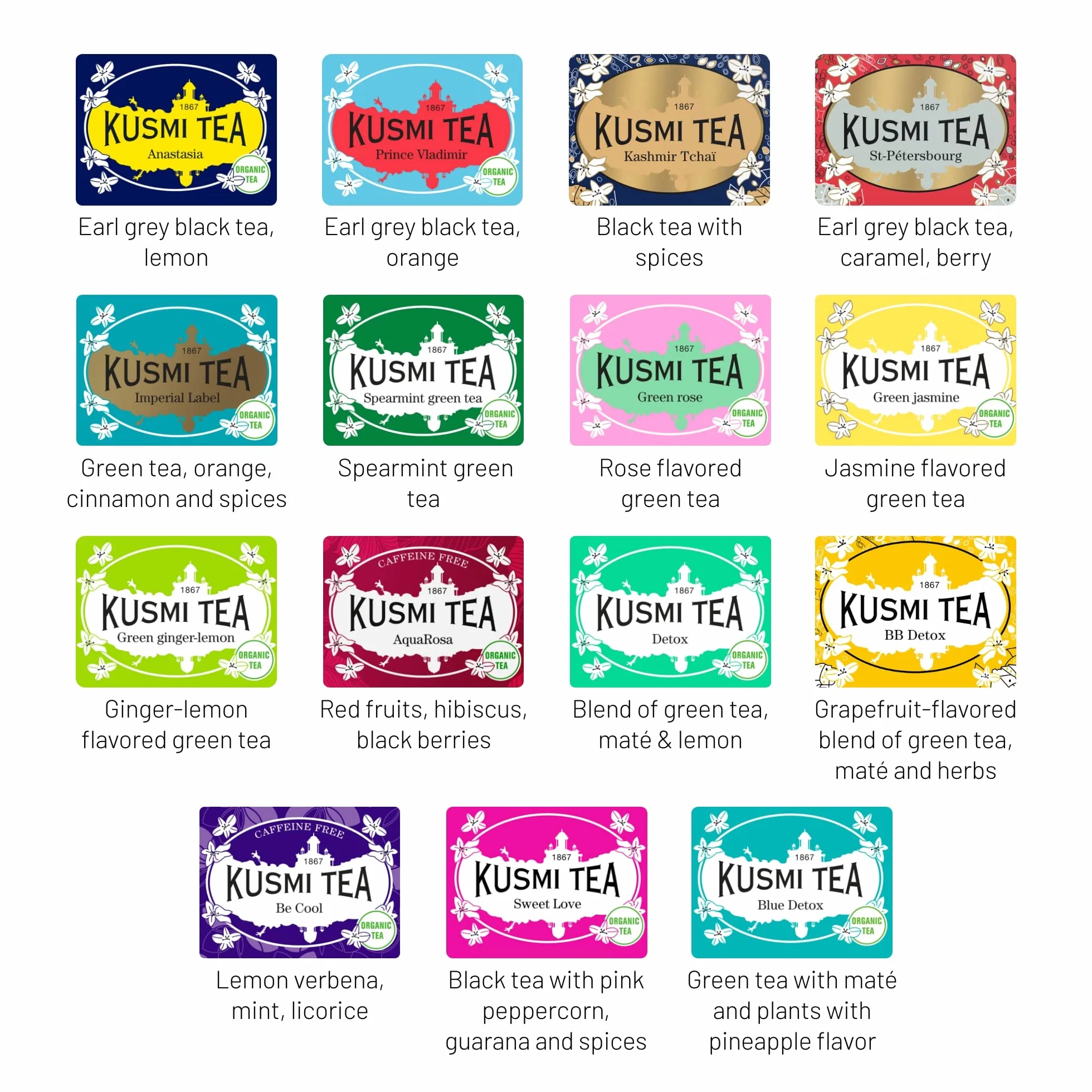 Kusmi Tea - La Colección - Estuche de 15 latas de metal de 25 g de Tés Aromatizados e Infusiones a Granel - Con la lata de 100, un filtro de té y una cuchara grabada