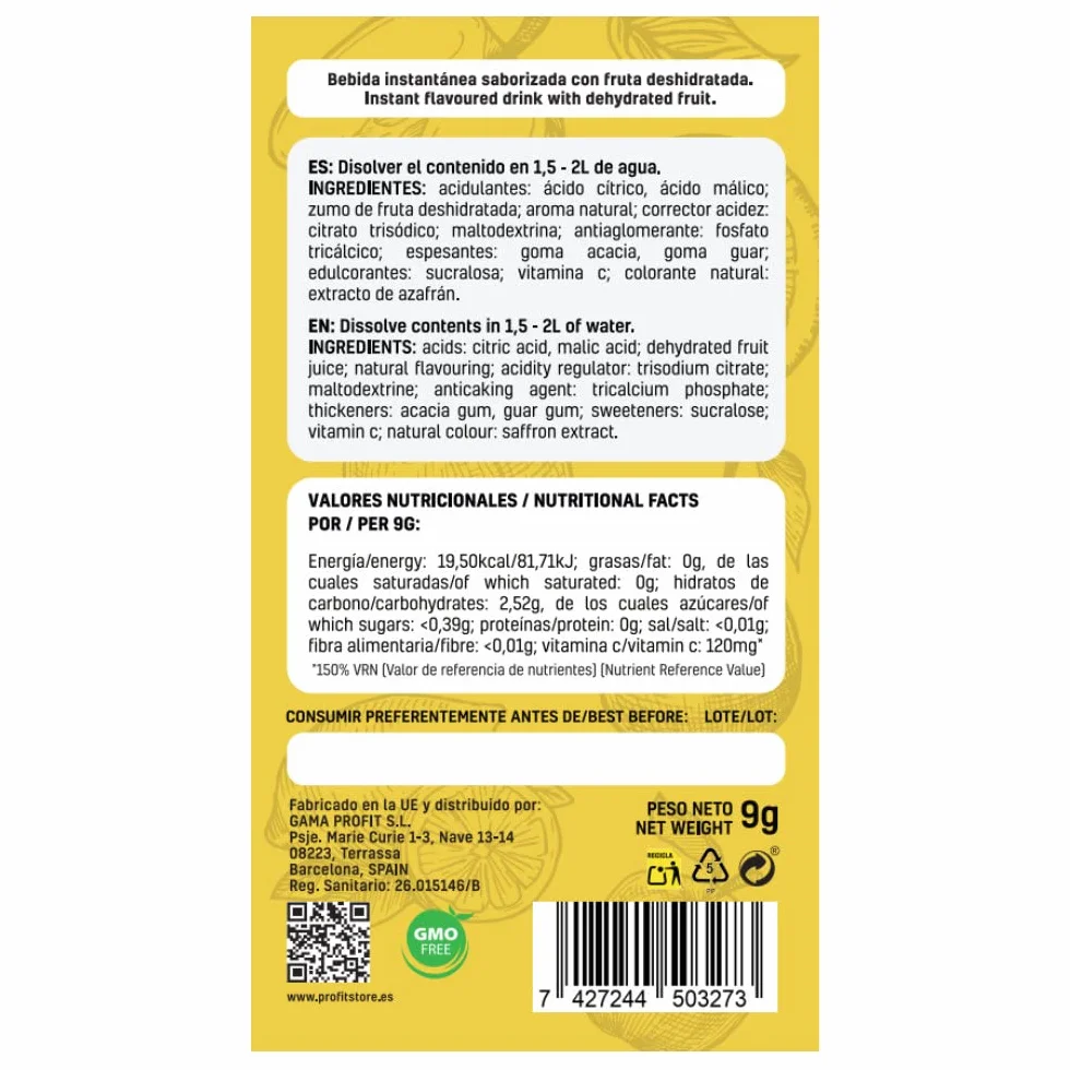 PROFIT - Easy Drink Limón - Bebida instantánea con saborizante natural sin azúcares sabor Limón - Ideal para hidratarte y disfrutar de un refresco bajo en calorías - 15 sobres de 9 gramos