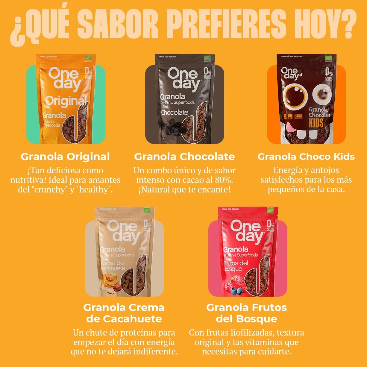 ONE DAY Granola Ecologica Sin Azucares Añadidos Alto en Proteína con Superfoods Pack 6 x 300g