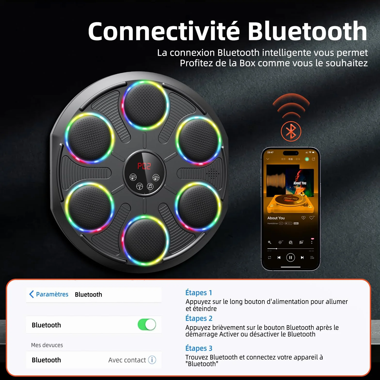 HotHands Máquina de Boxeo Musical LED Bluetooth, 12 Velocidades, Montaje en Pared, con Guantes, para Niños y Adultos