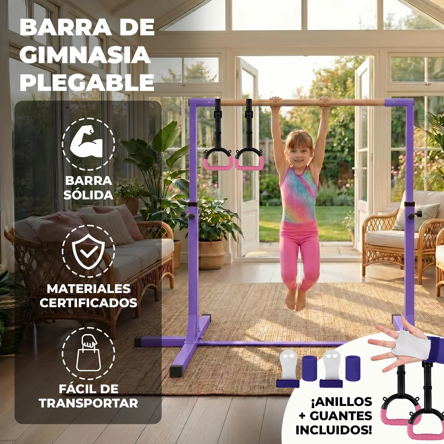 Gym Bar Barra Gimnasia Infantil Violeta Anillas Rosas 13 Niveles Ajustables 90-150 cm Acero Madera Haya Correas Antideslizantes Fitness