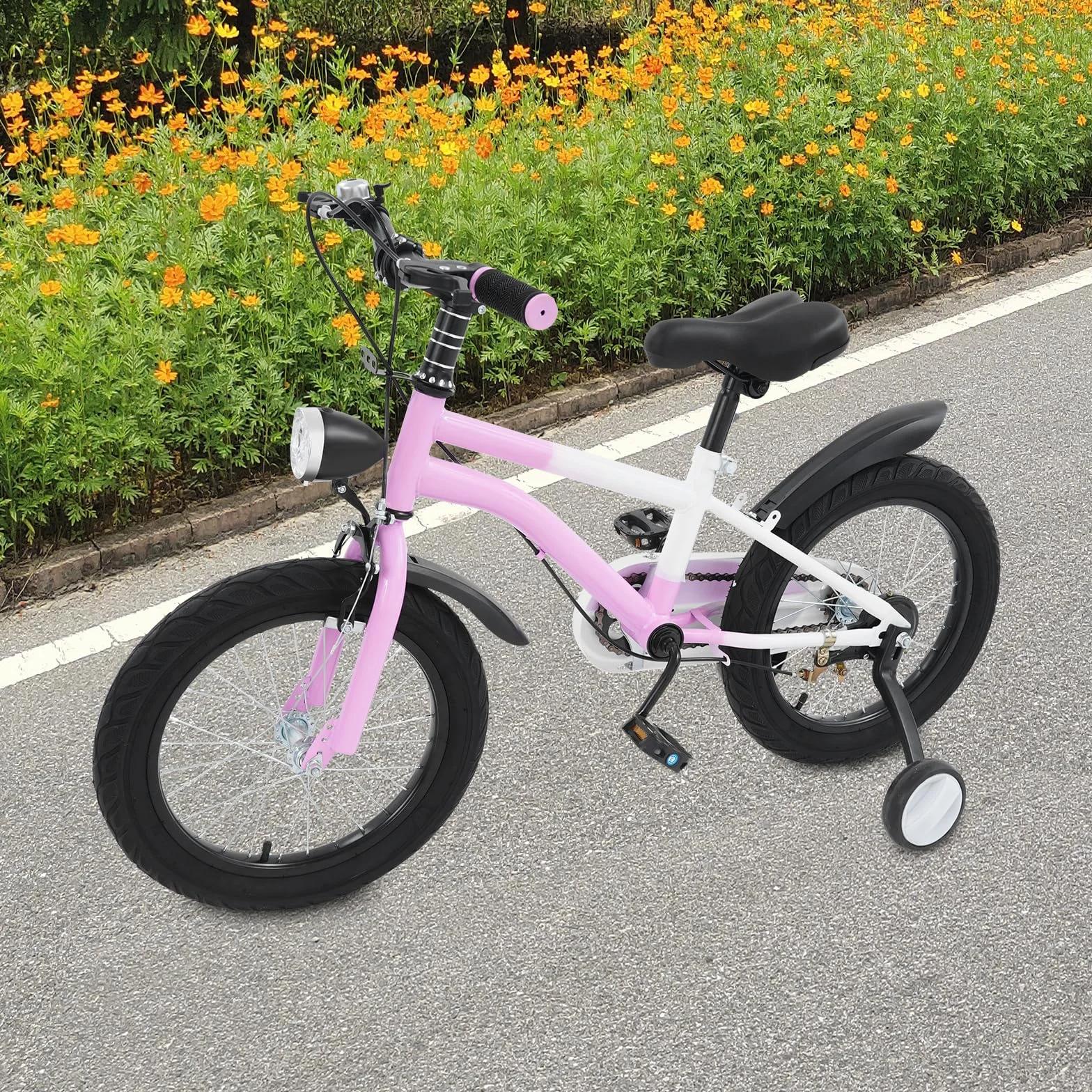 Bicicleta infantil 16 pulgadas freno disco luz LED ruedas estabilizadoras rosa ajustable sillín manillar carga 60 kg
