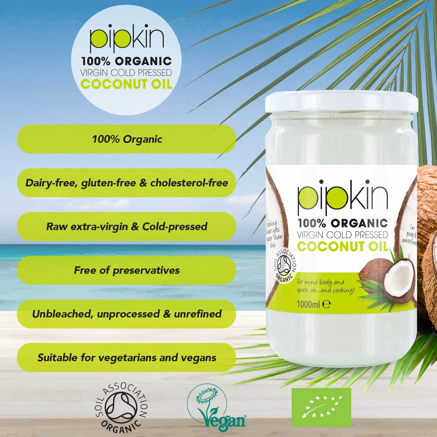 pipkin Aceite de Coco 100% Orgánico, Natural, Virgen Extra Puro. Aceite de coco Multiusos, Prensado en Frío, no GM, Hidratante de Cabello / Piel / Cuerpo. (1L)