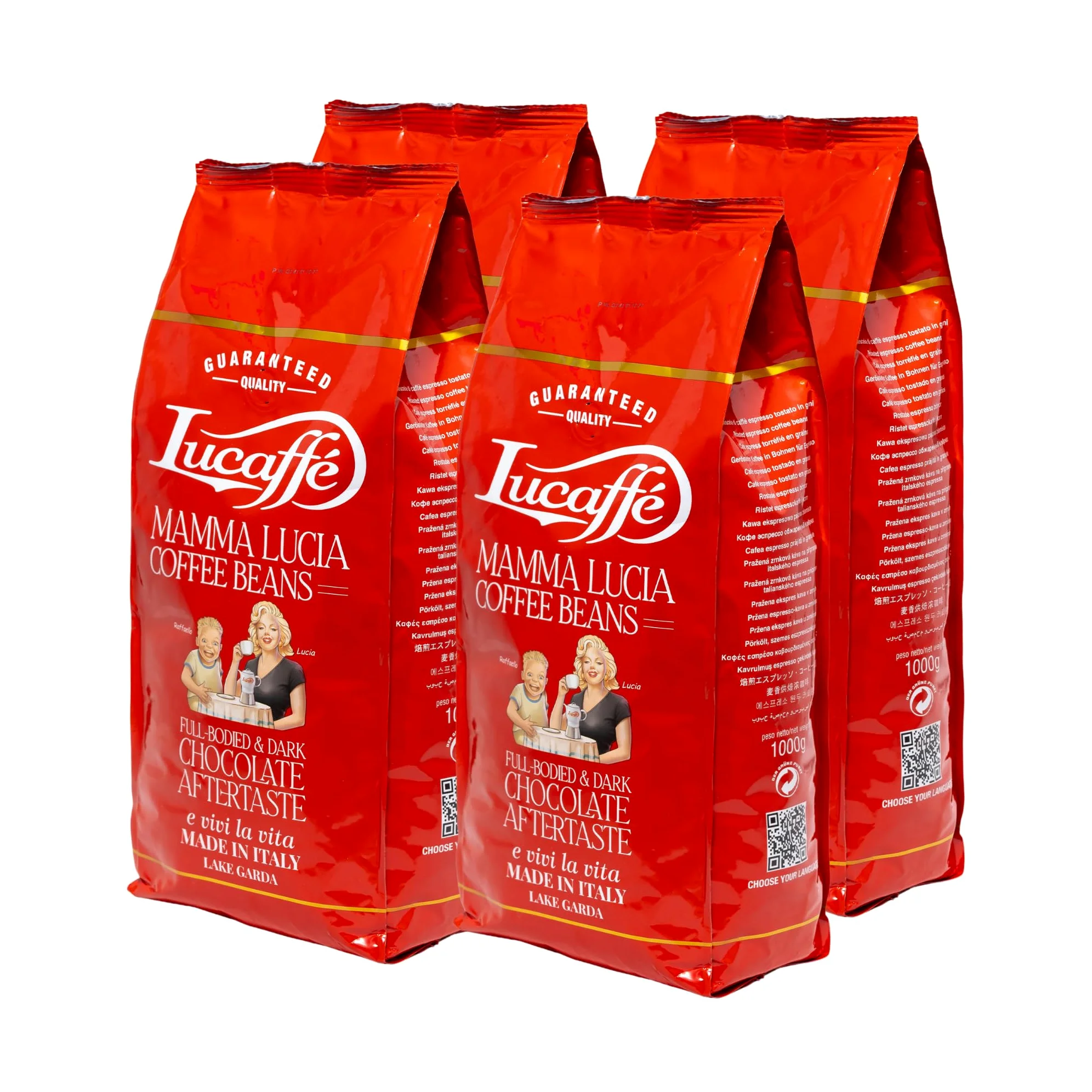 Lucaffé - Cafe en grano natural Mamma Lucia, 4 bolsas de 1 Kg | Café en grano de especialidad italiana para espresso | Tueste Ligero | Sabor Intenso y Cremoso