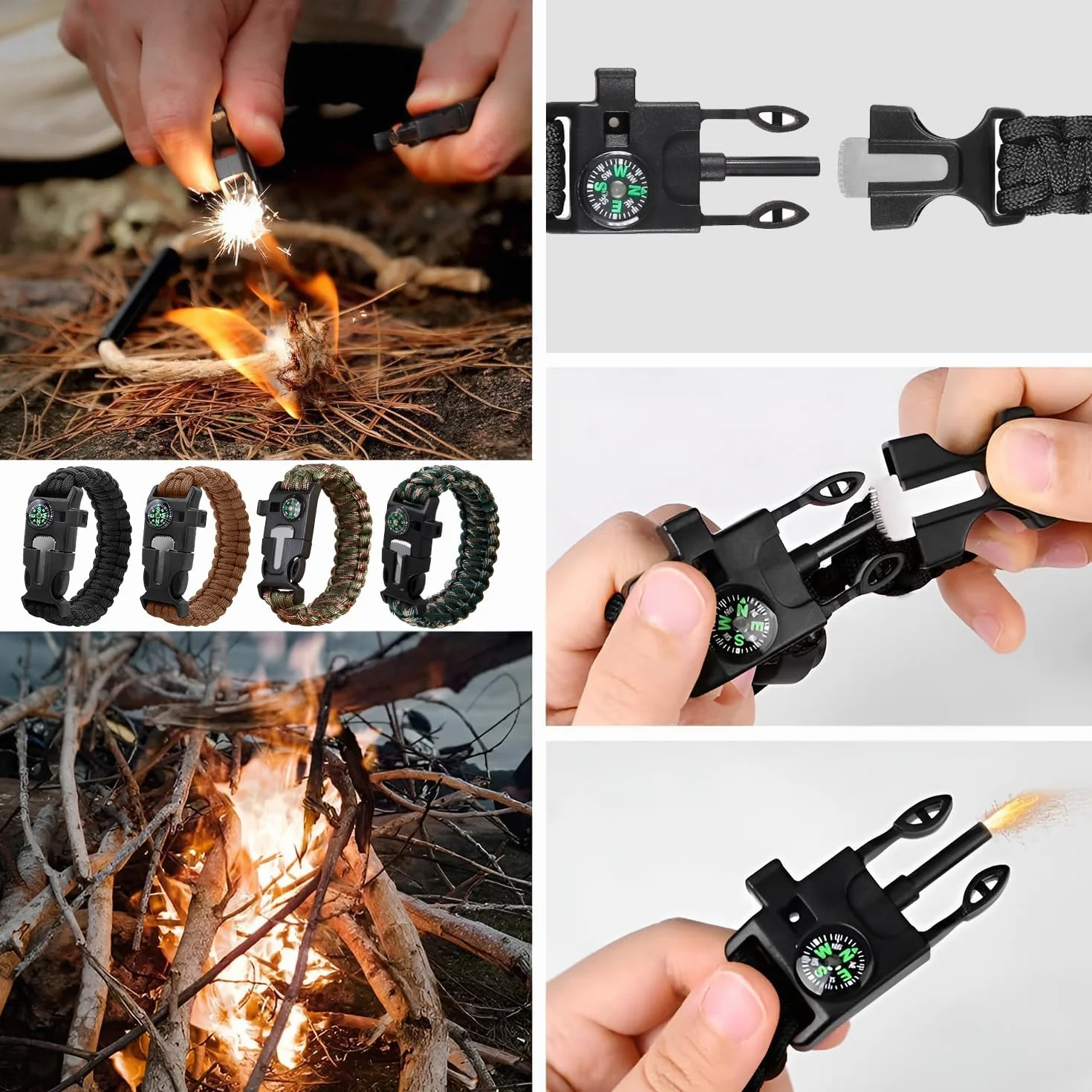 Pulsera de supervivencia de paracord 2 piezas, 5 en 1, cuerda de 3,5 m, piedra de fuego, brújula, silbato, cuchillo