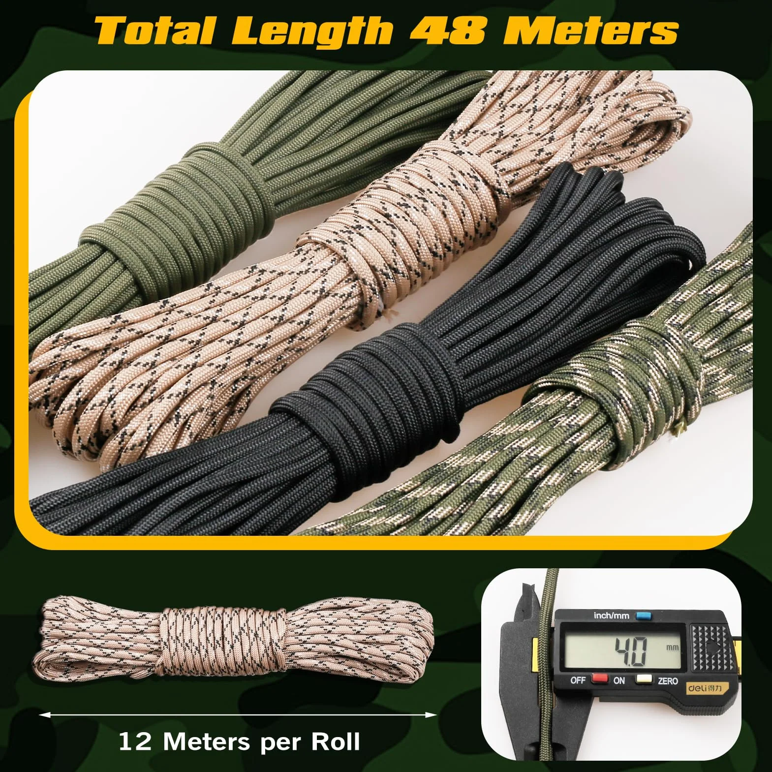 VABNEER Rollo Paracord 4mm 9 Hilos 48m 295 kg Cuerda Supervivencia