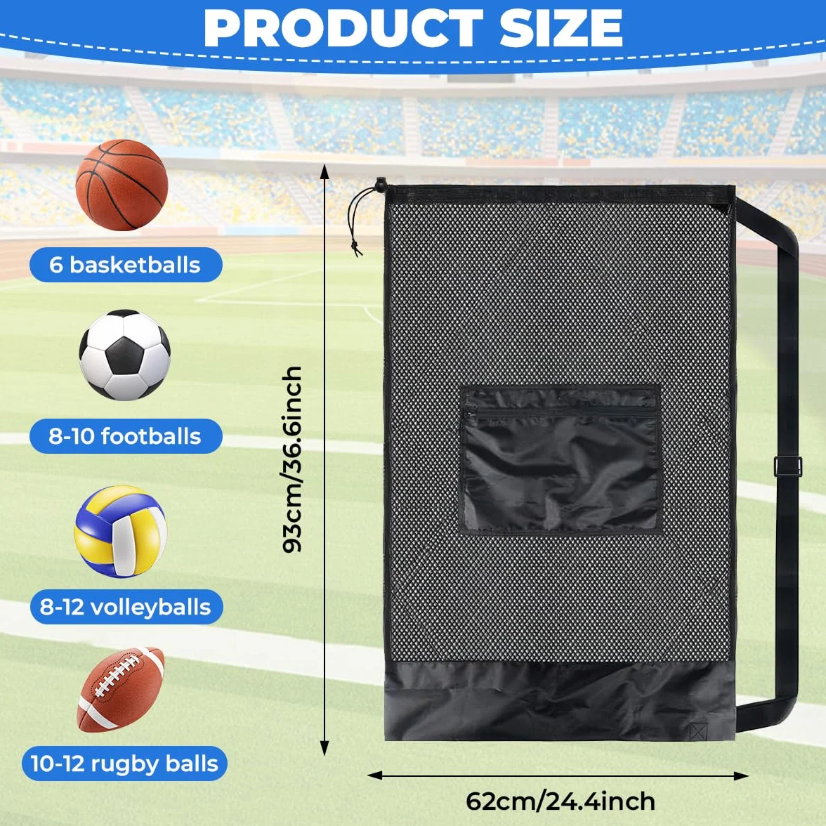 Bolsa Red Grande 93x62 cm para Balones de Baloncesto Fútbol Voleibol, Heavy Duty con Cordón Ajustable