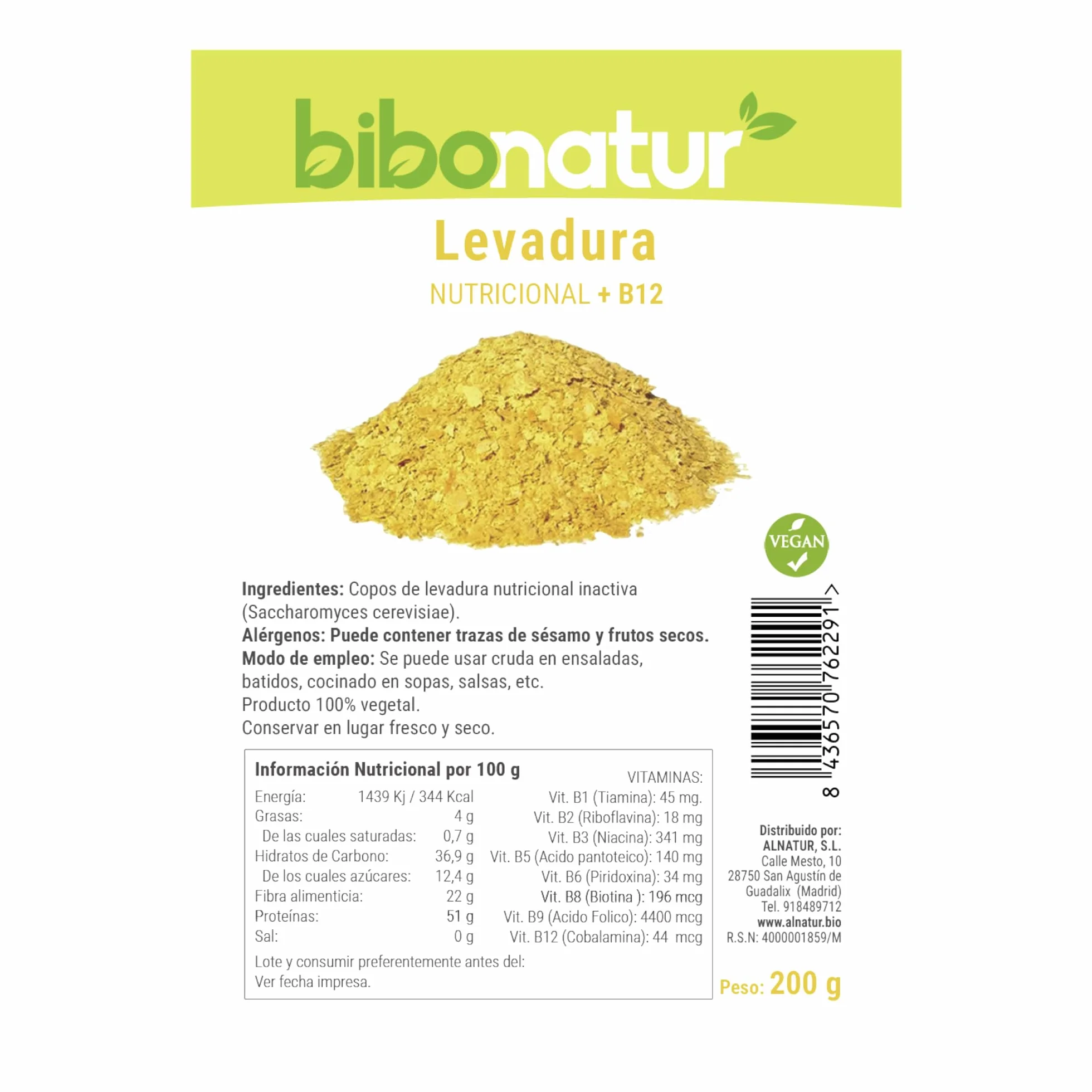 Bibonatur Levadura Nutricional con Vitamina B12 – en Copos 200gr - Producto vegano - Superalimento Antioxidante