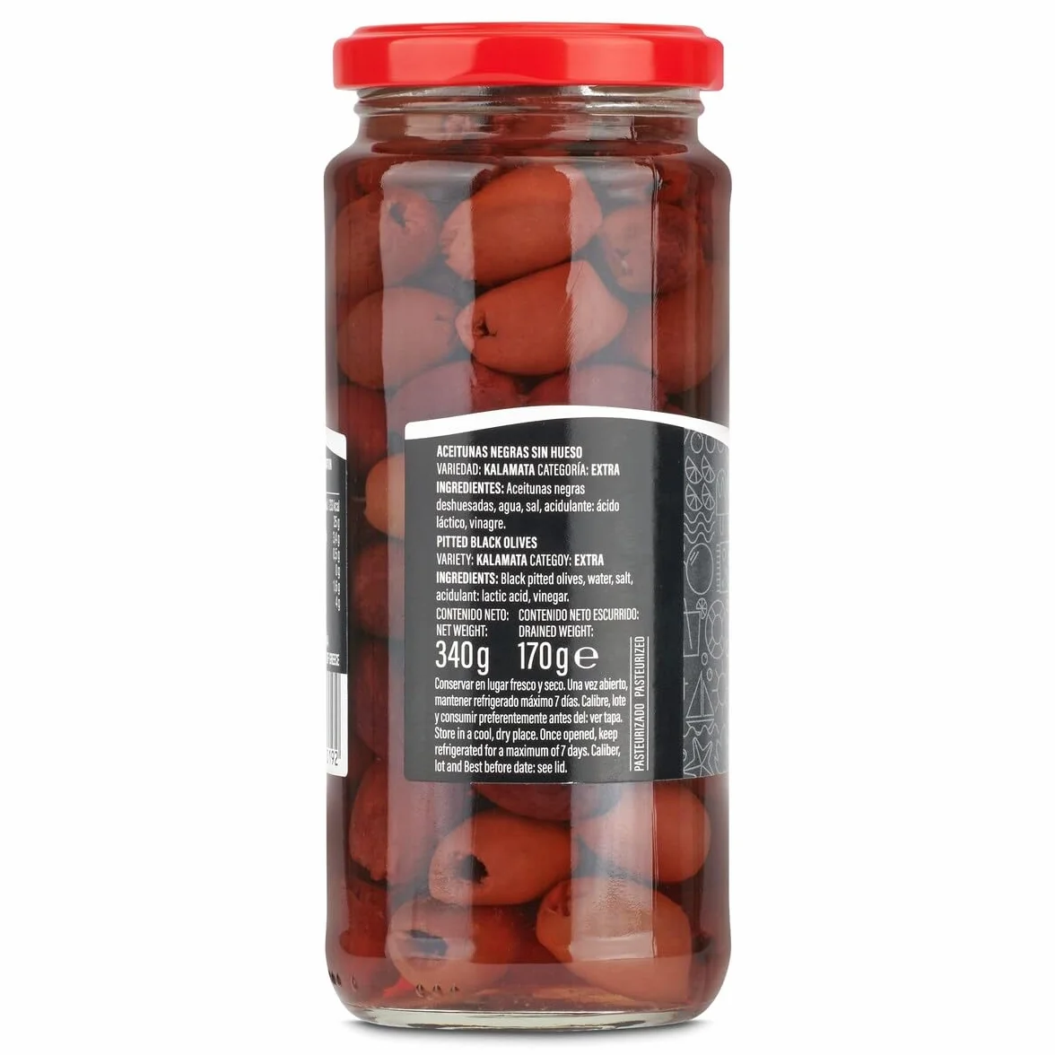 Aceitunas kalamata sin hueso frasco 170 g neto escurrido