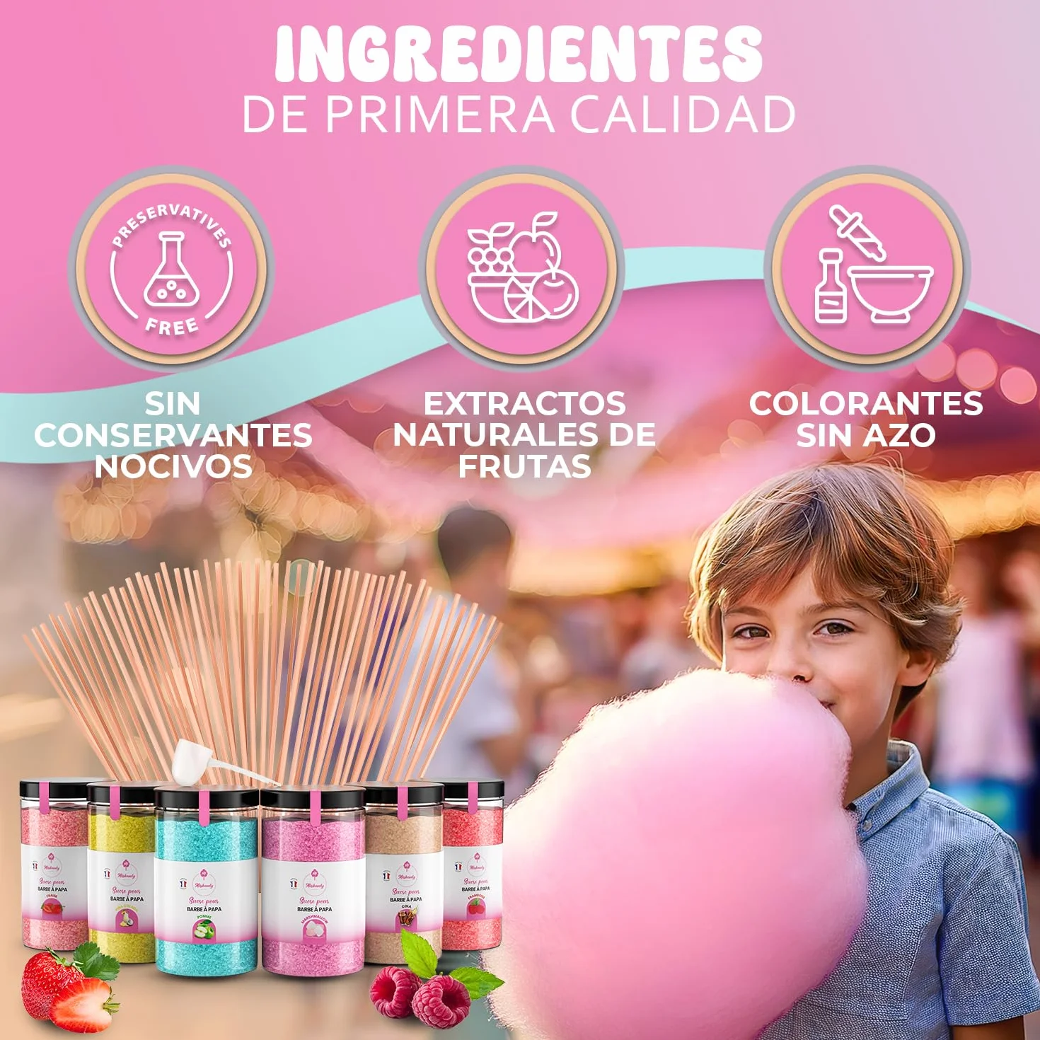 Misskandy,azucar para algodon de azucar/para máquina 1,8 kg (6 * 300g)/sabores: fresa, manzana, malvavisco, cola, frambuesa, piña colada, + 50 palos (30 cm) (ofrecido)