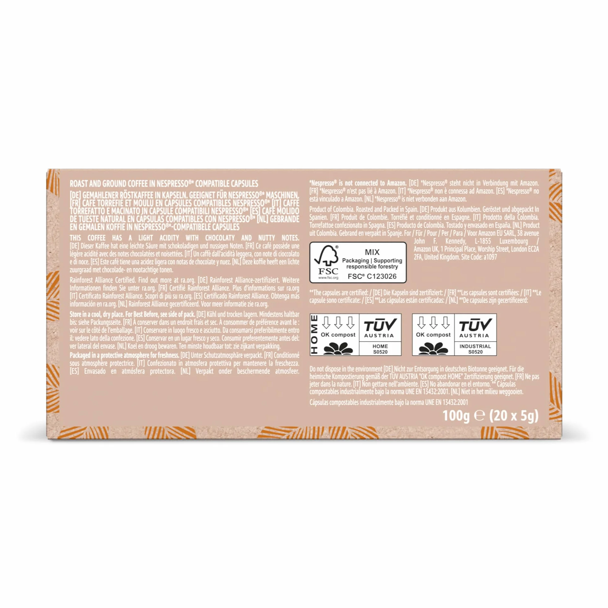 by Amazon Cápsulas de Café Compostables en Casa Compatibles con Nespresso, 100% Arábica Colombiana, 20 Unidades, Certificadas por Rainforest Alliance