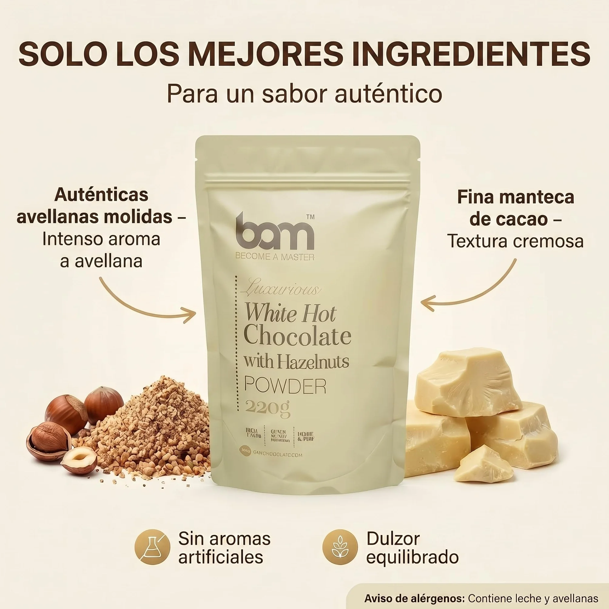 BAM Chocolate Blanco a la Taza con Avellanas, 220 g – Chocolate Caliente en Polvo – Preparado para Bebida Suave y Cremosa con Cuchara Medidora