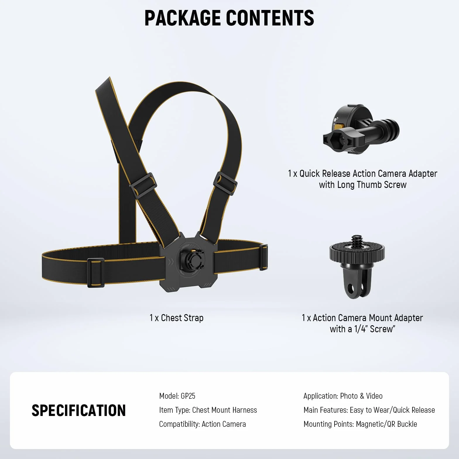 Neewer Arnés de Pecho para Cámara de Acción, Correa Ajustable Compatible con GoPro Hero, DJI Osmo, Insta360, Soporte Magnético Rápido GP25
